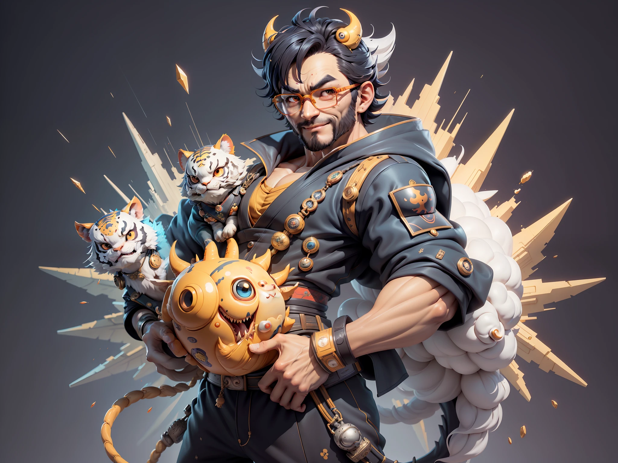 (Masterpiece), (Excellent), (Super Meticulous), (Full Body: 1.2), Super Young Man with Japanese Female Geisha, Pretty, Beautiful, Chinese Dragon, Tiger, Wind God Thor, Sexy, Bursting, Oriental Face, TV Anchor, Bust Portrait Illustration, Black Suit, Blue Tie, Slightly Chubby Face, Silver Glasses, Very Clean Face, No Beard on Chin, Black Super Short Hair, Black Eyes, Confident Smile, 3c Computer Sub-Products, iPad, iPhone, Digital Painting, 3D character design by Mark Clairedon and Pixar and Hayao Miyazaki and Akira Toriyama, the illustrations are HD illustrations in 4K resolution with highly detailed facial features and cartoon-style visuals.