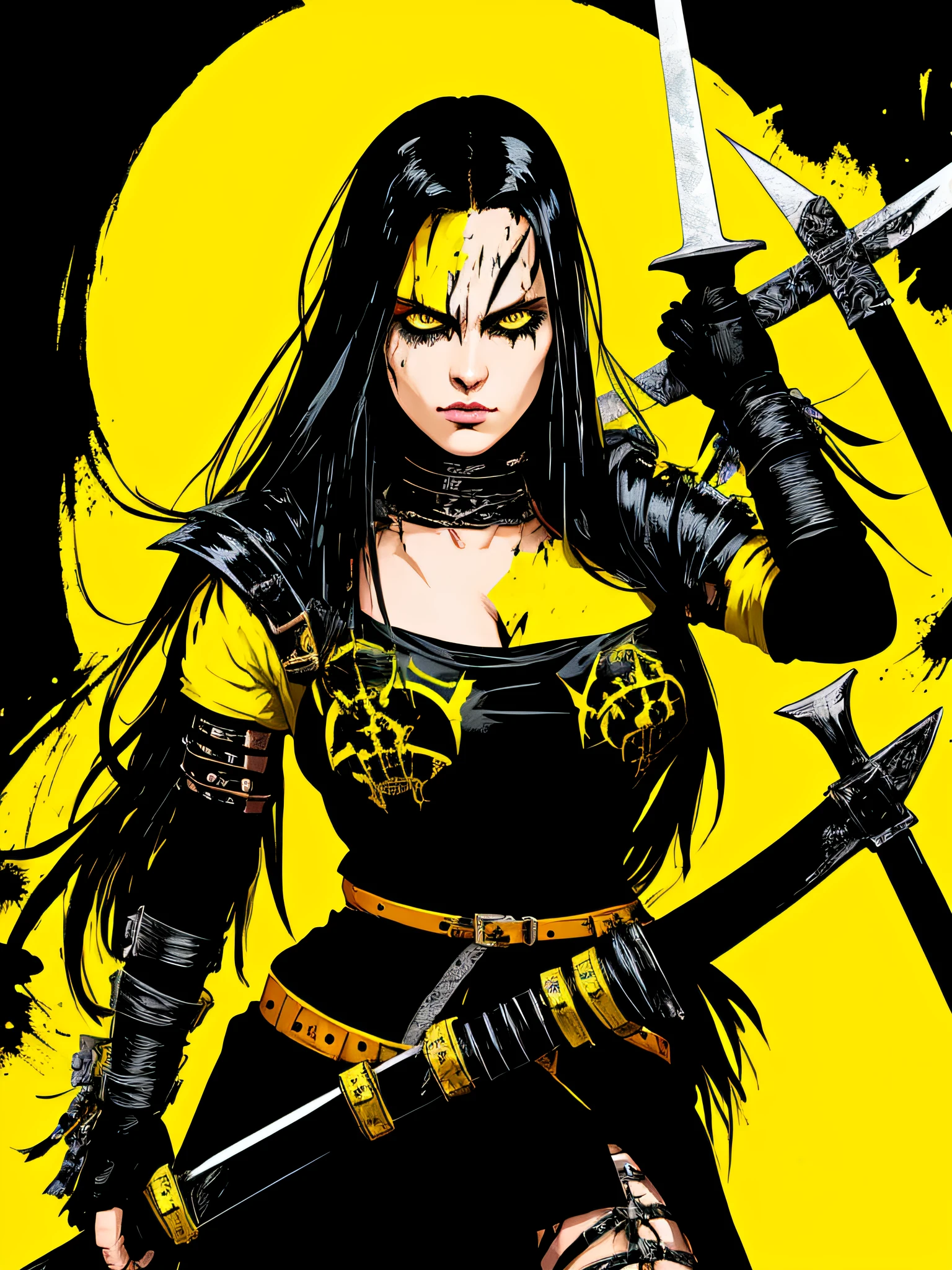 yellow and black, a medieval hair woman barbarian with a big sword, in the style of Mork Borg, strong contrast, grunge dirty punk splash art, zine black metal