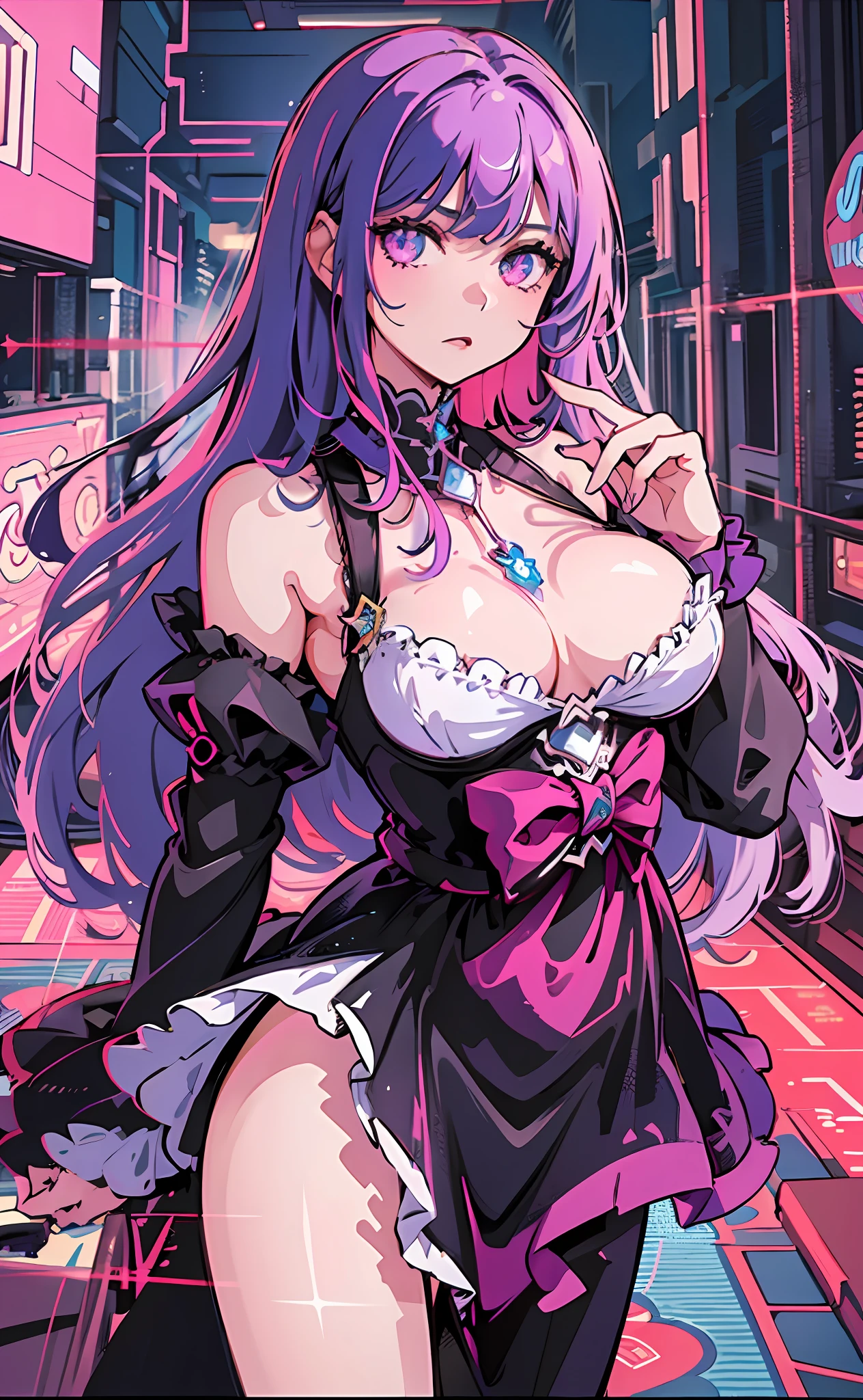 (exquisitely detailed CG, best quality, best lighting), an alluring woman in a black short dress with breathtaking pink eyes, standing tall with pink hair, gazing over the stunning Tokyo skyline at night, masterpiece,best quality,ultra-detailed,very detailed illustrations,extremely detailed,intricate details,highres,super complex details,extremely detailed 8k cg wallpaper, caustics,reflection,ray tracing, 1girl:1.4), solo, alone