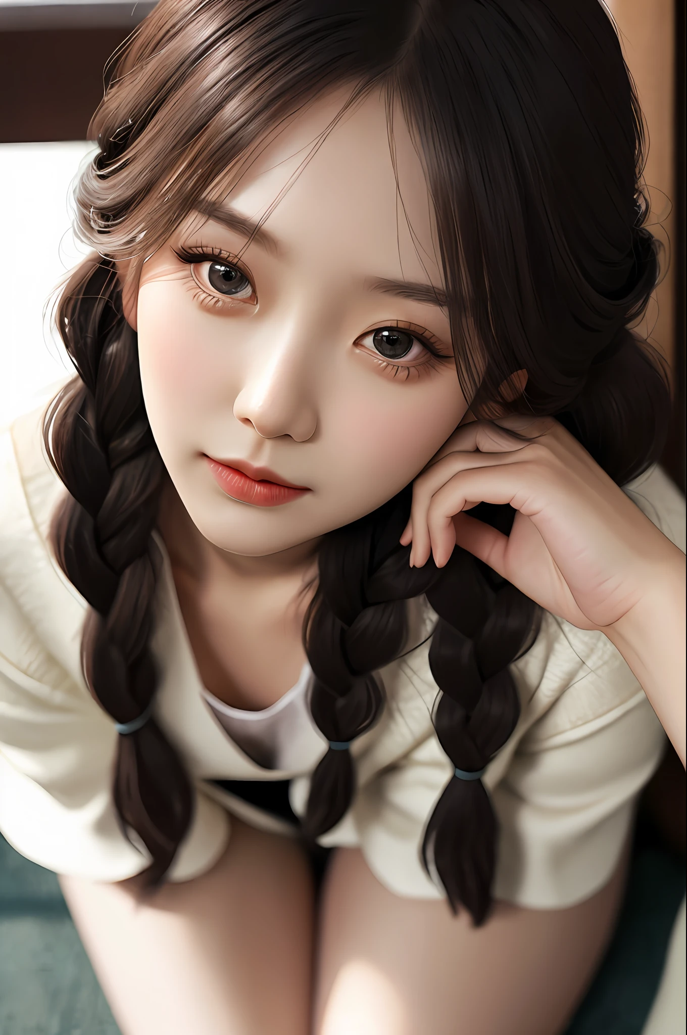 Very detailed eyes, very detailed face, very beautiful woman, best quality, super detailed (photorealistic), big, very delicate and beautiful legs, Japan woman, in suit, braid hair