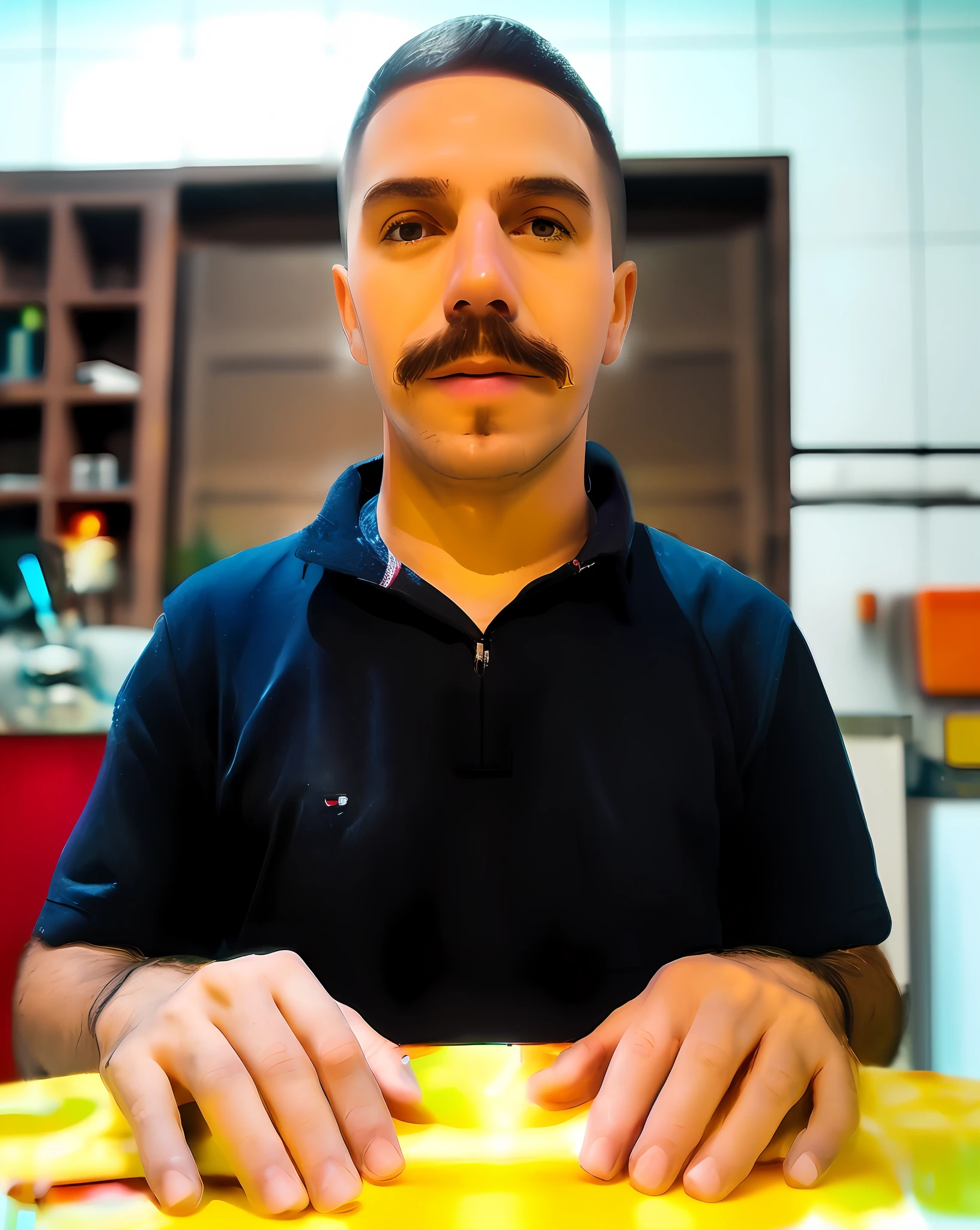 White man with chevron mustache ((32 years old)), sitting at a table dressed in an ultra detailed black and yellow flight suit, futuristic style., Surrealism, high detail, cinematic lighting, reflection light, high quality, UHD