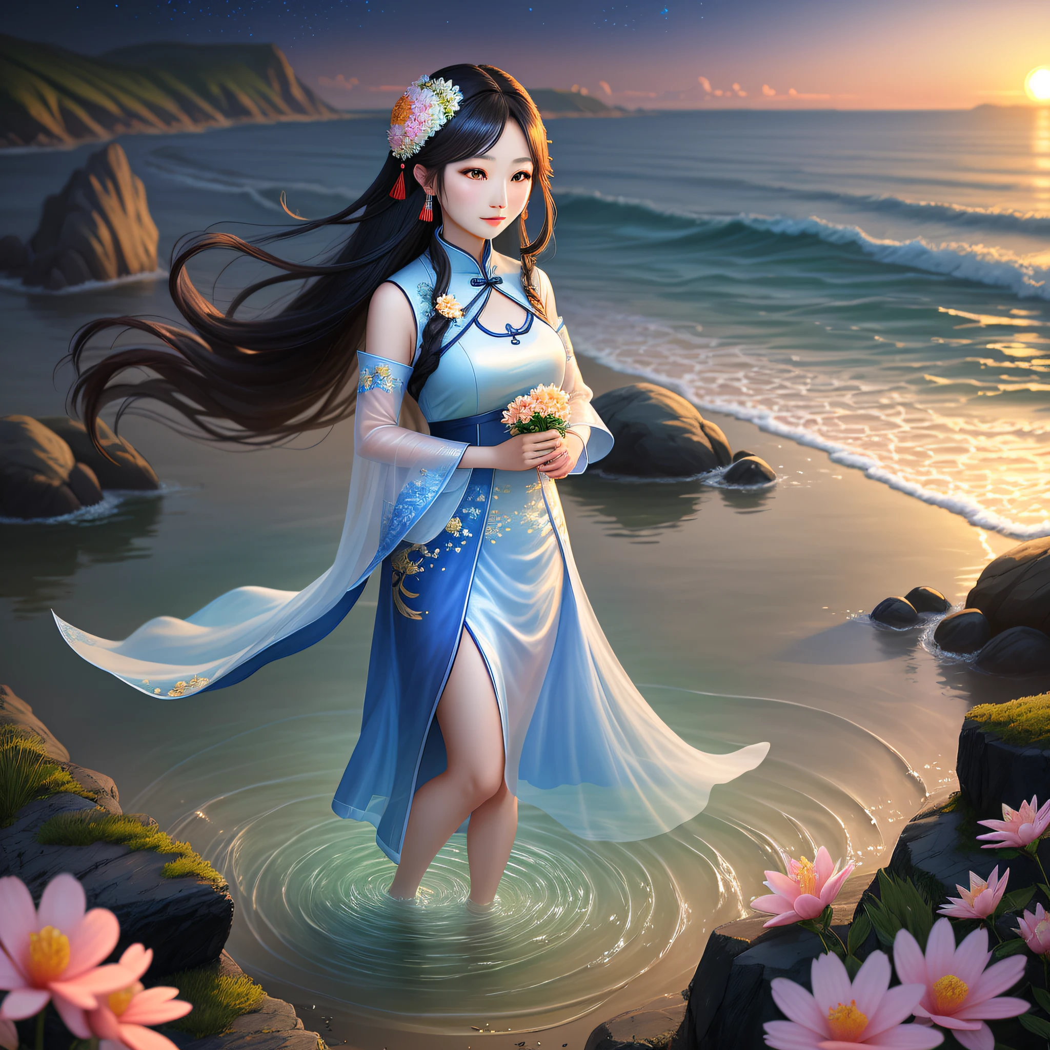 Beautiful Chinese woman, seaside, flowers, transparent glowing stones, sunset, starry river