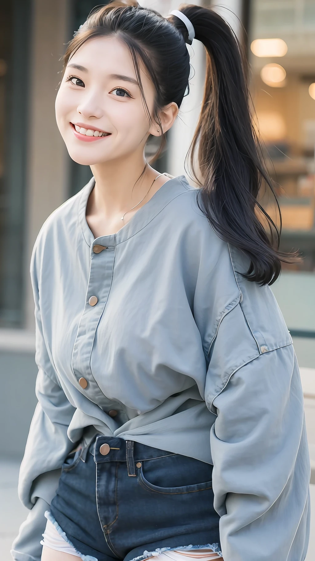 Single, delicate facial features, black hair, high ponytail, best picture quality, female, toothy smile, hair over the shoulder, over the sleeves, denim shorts