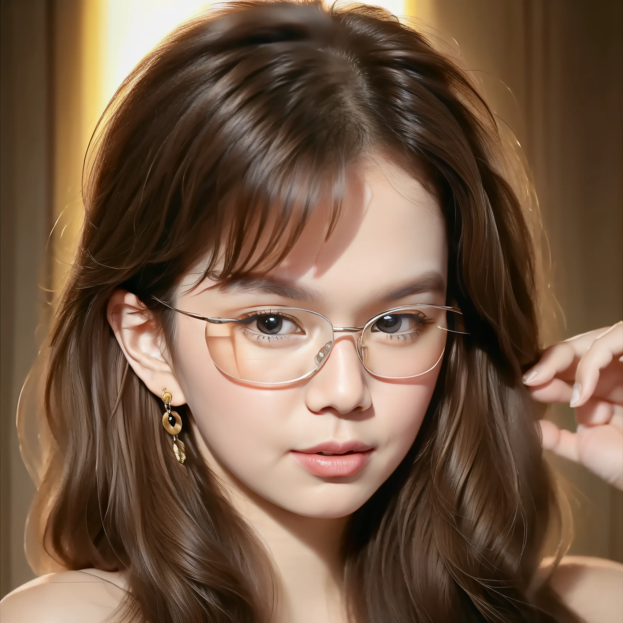 best quality, masterpiece, (realistic:1.2), 1 girl with glasses, brown hair, brown eyes,Front, detailed face, beautiful eyes