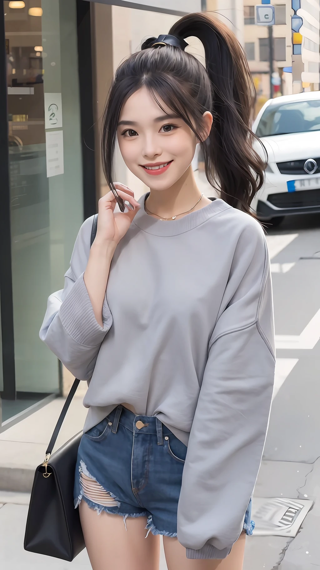 Single, delicate facial features, black hair, high ponytail, best picture quality, female, toothy smile, hair over the shoulder, over the sleeves, denim shorts