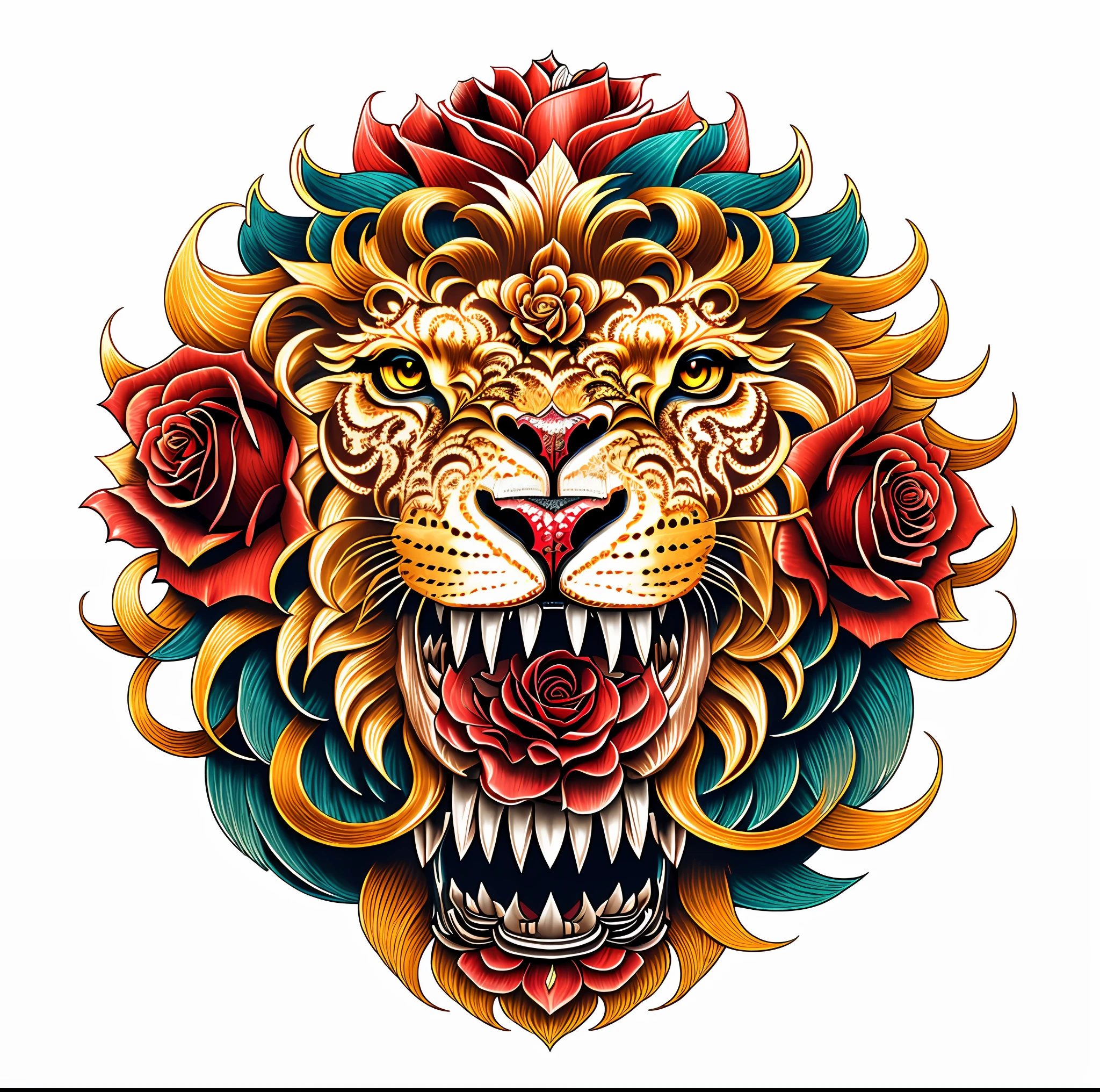 a close up of a lion head with a rose in its mouth, third lion head, colored illustration for tattoo, lion head, by Ryan Yee, mascot illustration, intricate ornate anime cgi style, by Aleksander Kobzdej, ancient china art style, fantasy sticker illustration, by Oliver Sin, striking detailed artstyle, full color illustration, high detailed official artwork