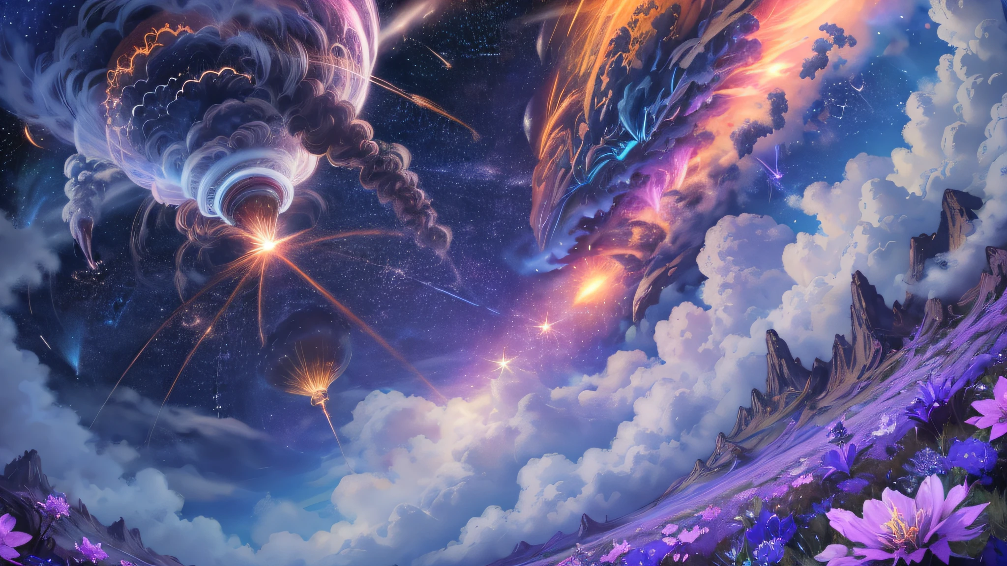 (zoomed out:1.1), (meteor shower:1.2), (comet:1.1), low angle, aroura borealis, shooting star, cloud, colorful, starry, stars, night, flower field, flower blossom, night sky, beautiful flowers, night theme, Surrealism, high detail, from below, from below, Hyperrealism, Impressionism, best quality, masterpiece, UHD, retina, award winning, 4K, anatomically correct, super detail