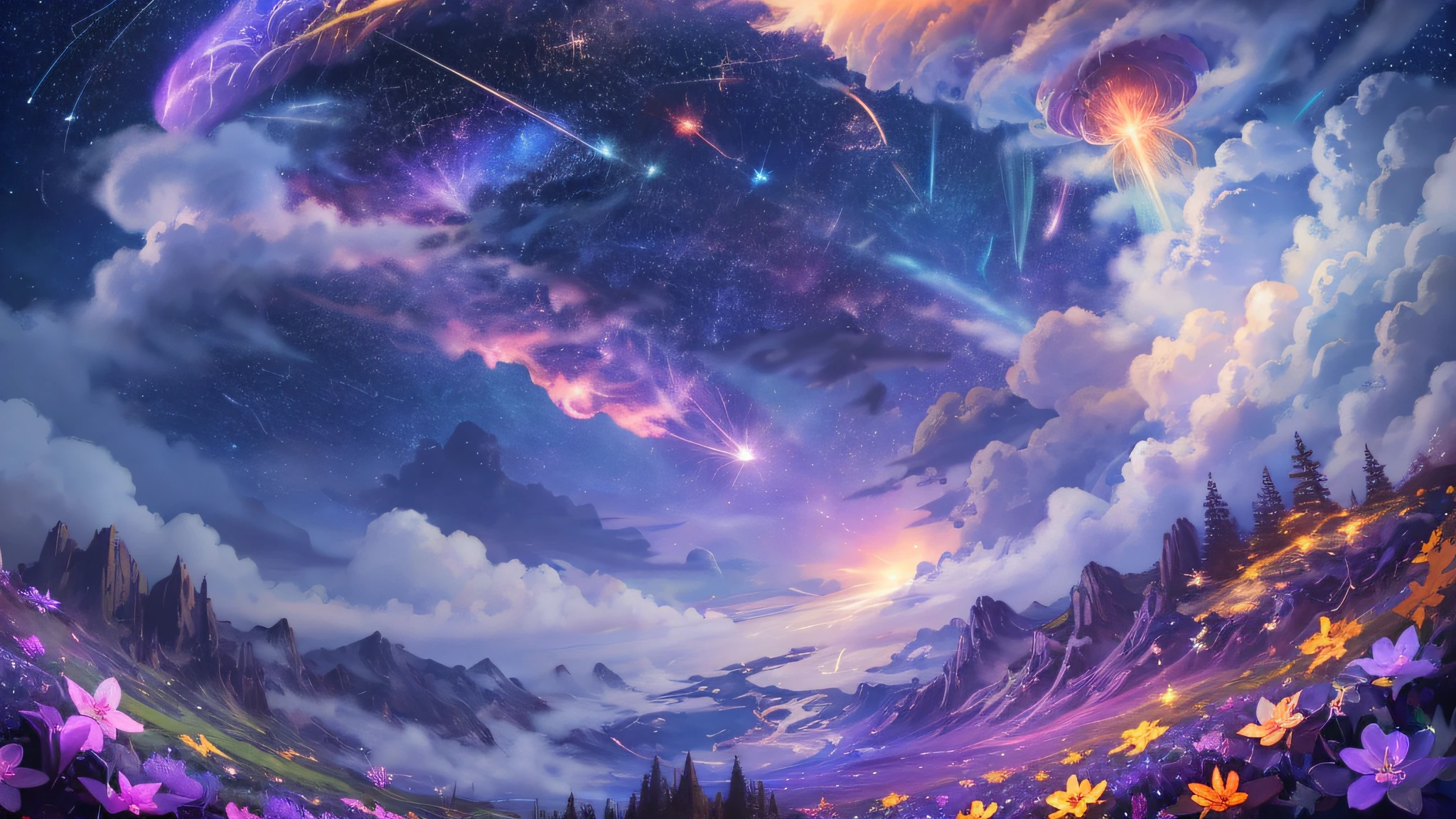 (zoomed out:1.1), (meteor shower:1.2), (comet:1.1), low angle, aroura borealis, shooting star, cloud, colorful, starry, stars, night, flower field, flower blossom, night sky, beautiful flowers, night theme, Surrealism, high detail, from below, from below, Hyperrealism, Impressionism, best quality, masterpiece, UHD, retina, award winning, 4K, anatomically correct, super detail