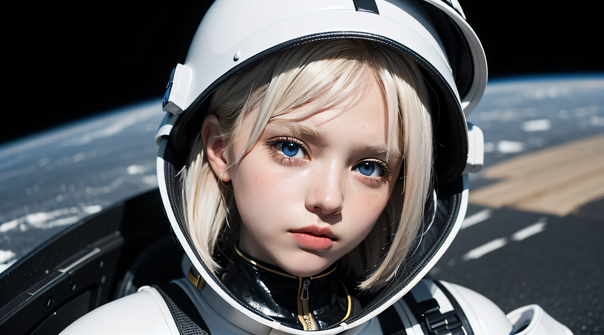 GIRL CHILD , GERMAN STYLE, CLOSEUP, golden white hair, blue eyes,,,black space suit