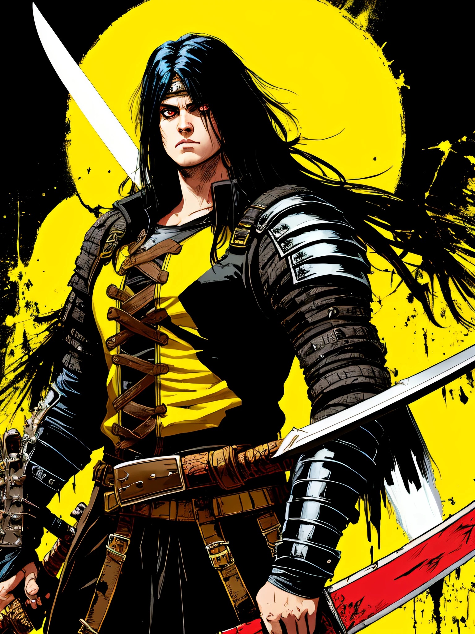 yellow and black, a medieval hair barbarian with a big sword, in the style of Mork Borg, strong contrast, grunge dirty punk splash art, zine black metal