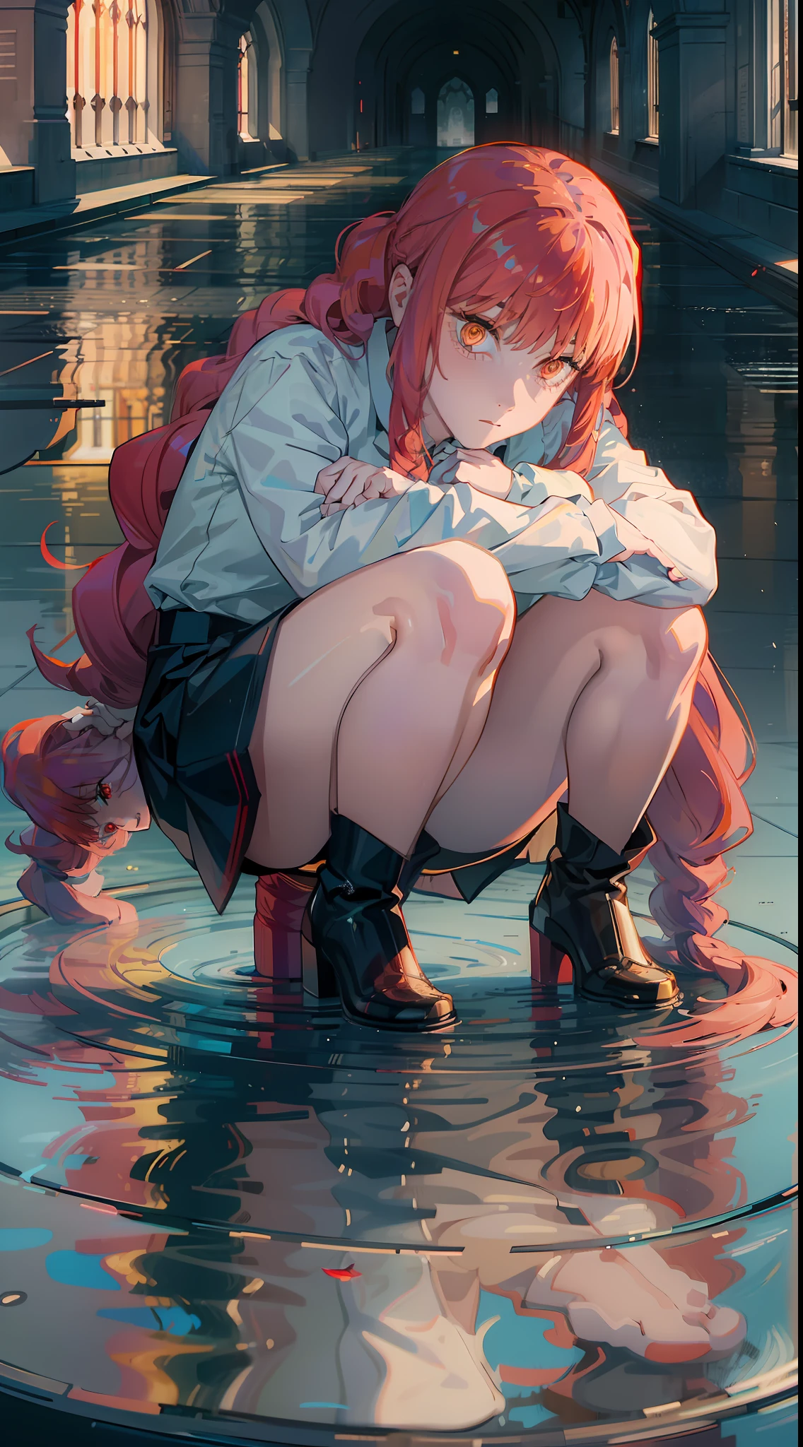 (ultra-detailed, best quality), reflecting pool, Makima-esque character, crouching, complex expression, reflective surface, dark atmosphere, dramatic lighting, red eyes, long red hair,