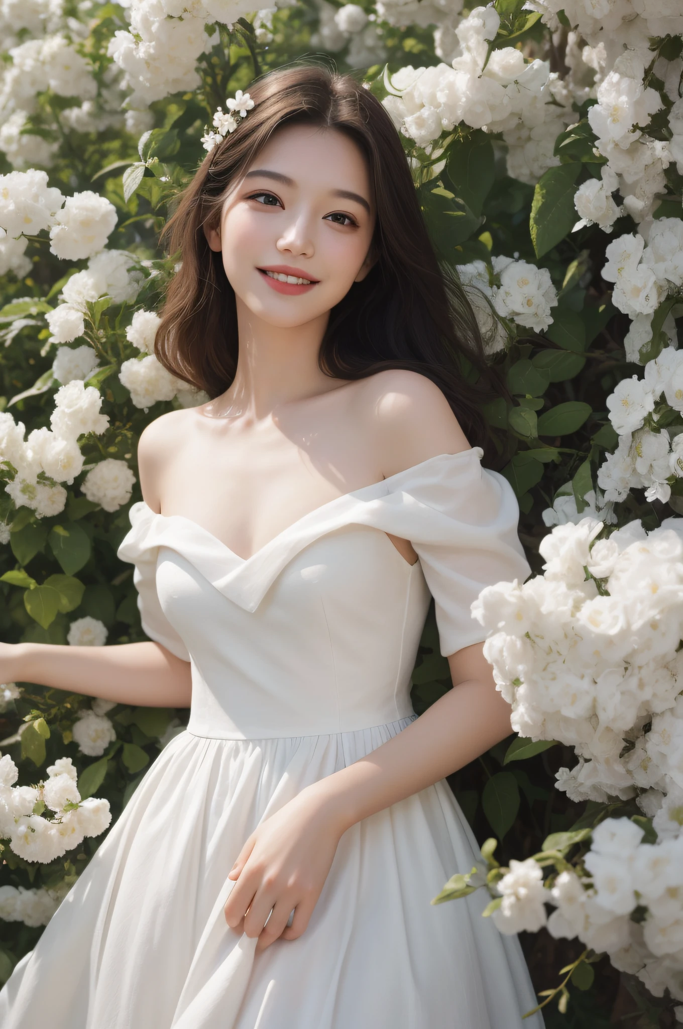 Best quality, masterpiece, ultra high res, (photorealistic:1.4), raw photo, 1girl, white dress, off shoulder, blossom flower field, glowing skin, light smile