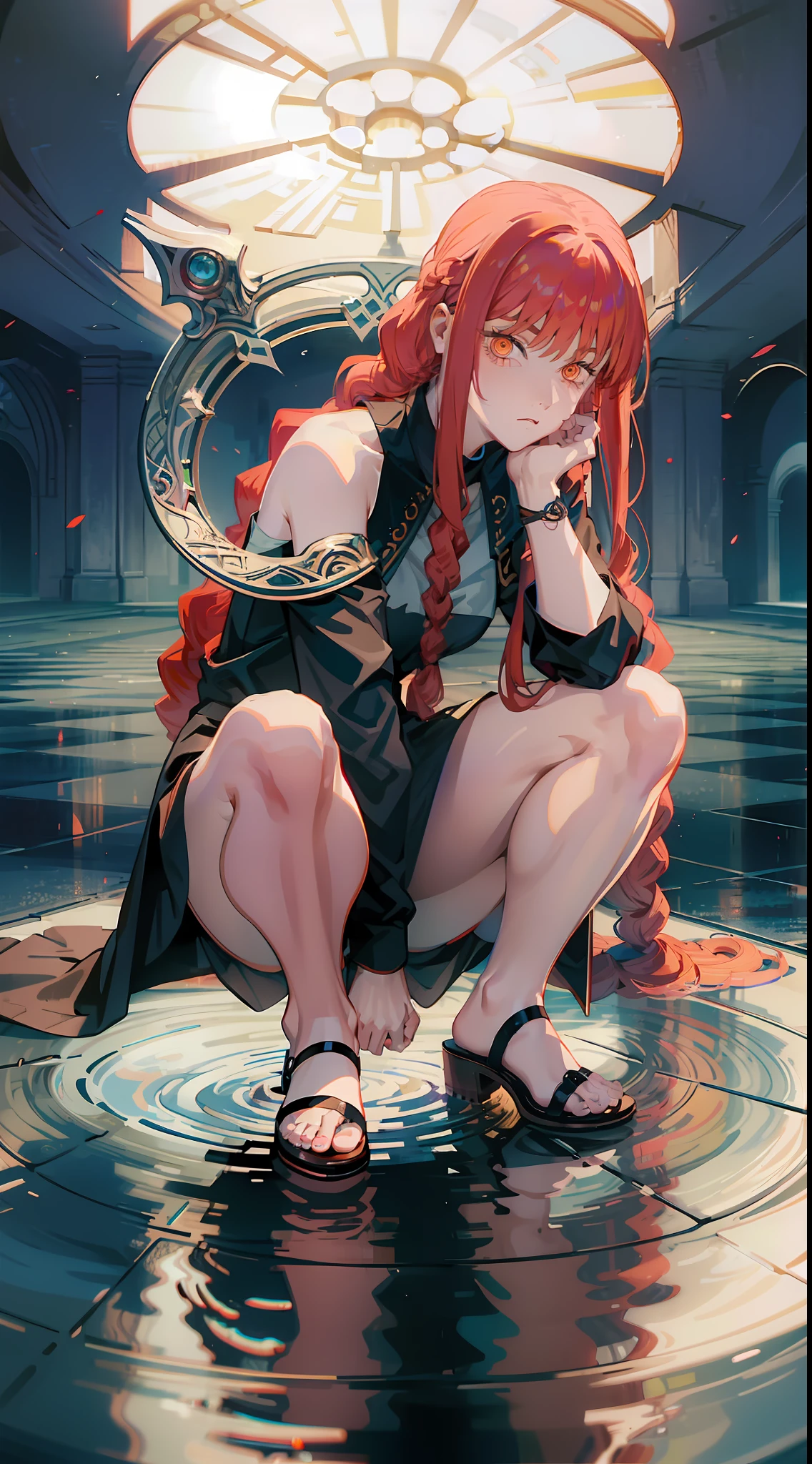 (ultra-detailed, best quality), reflecting pool, Makima-esque character, crouching, complex expression, reflective surface, dark atmosphere, dramatic lighting, red eyes, long red hair,