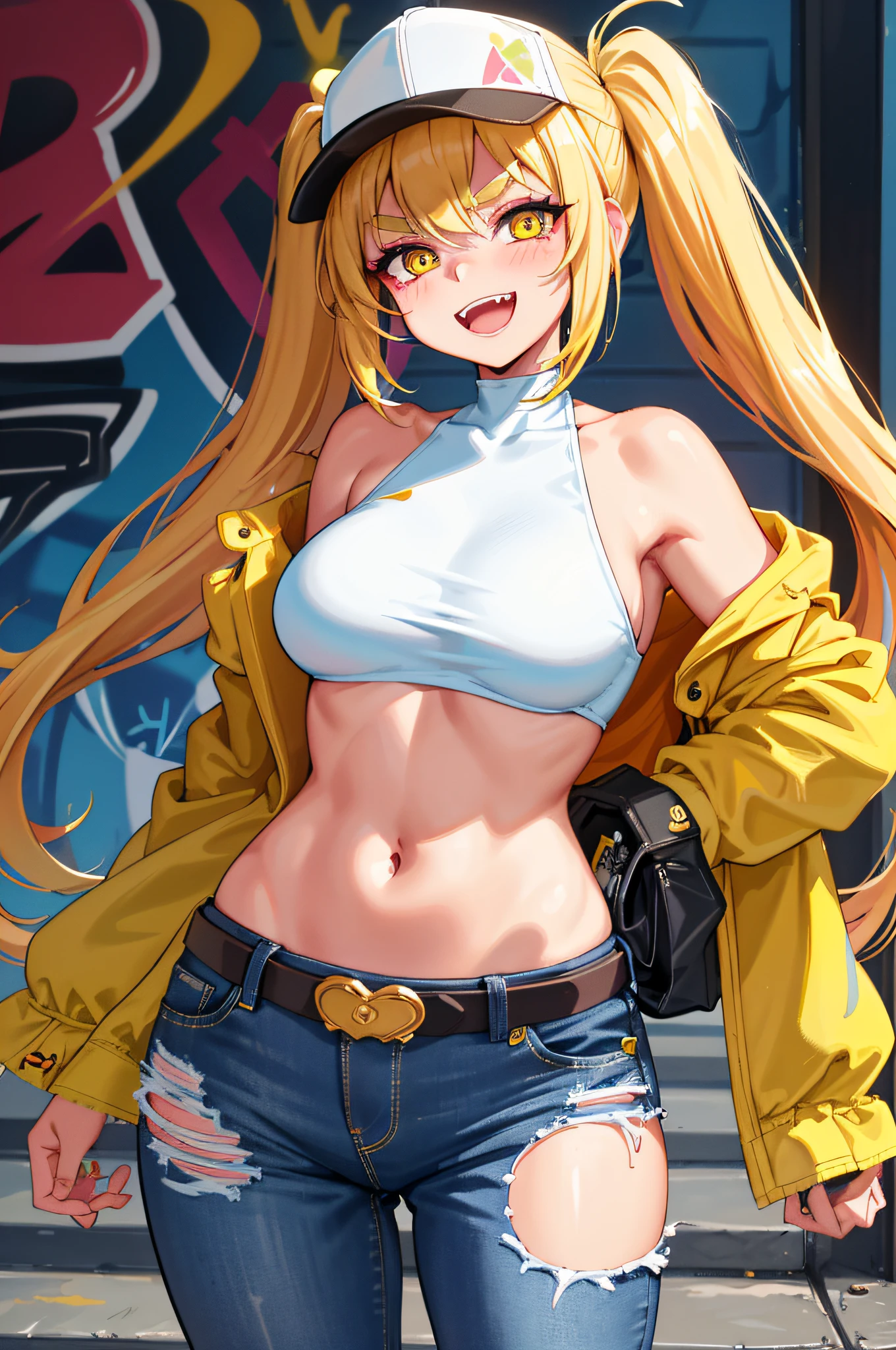 Original Character, Volumetric Lighting, Best Shadows, Shallow Depth of Field, Portrait Of Stunningly Beautiful Girl, Petite, Delicate Beautiful Attractive Face With Alluring Yellow Eyes, Messy Painted Face, Sharp Eyebrows, Broadly Smiling, Open Mouth, Fangs Out, Lovely Medium Breasts, Layered Long Twintail Blond Hair, Blush Eyeshadow, Thick Eyelashes, Applejack Hat, Oversized Pop Jacket, Mini Underboob Tee, Open Navel, Slim Waist, Denim Jeans Pants, With Buckle Belt, In The Graffiti Alley, Waste Container, Outside Stairs, Outdoor Unit, Holding Spray Paint Can, Standing, (Highest Quality, Amazing Details:1.25), (Solo:1.3), Brilliant Colorful Paintings