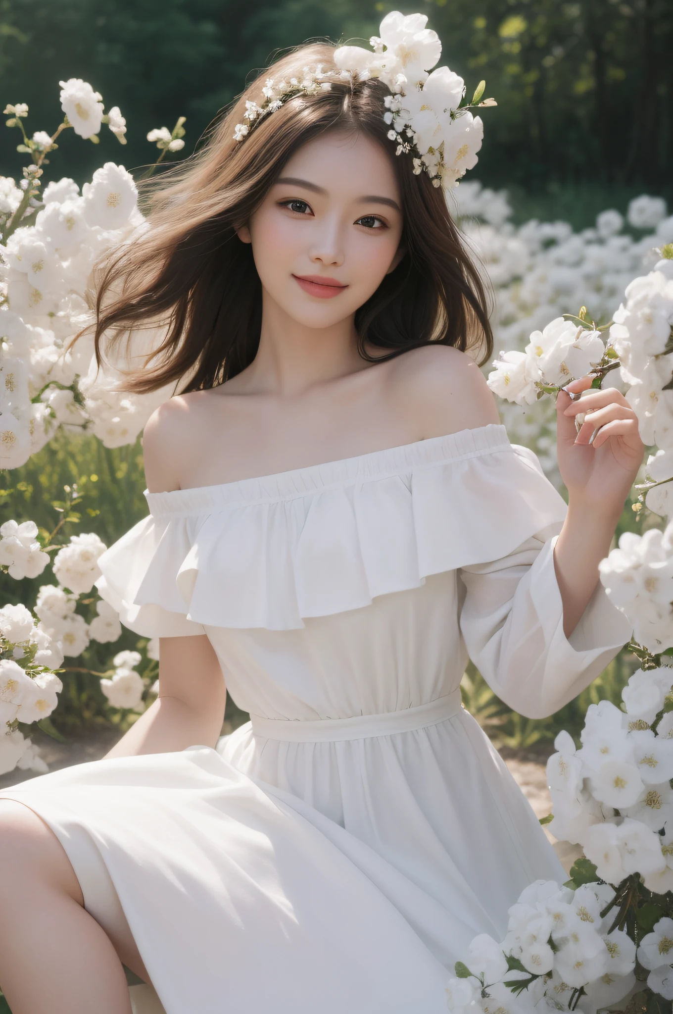 Best quality, masterpiece, ultra high res, (photorealistic:1.4), raw photo, 1girl, white dress, off shoulder, blossom flower field, glowing skin, light smile