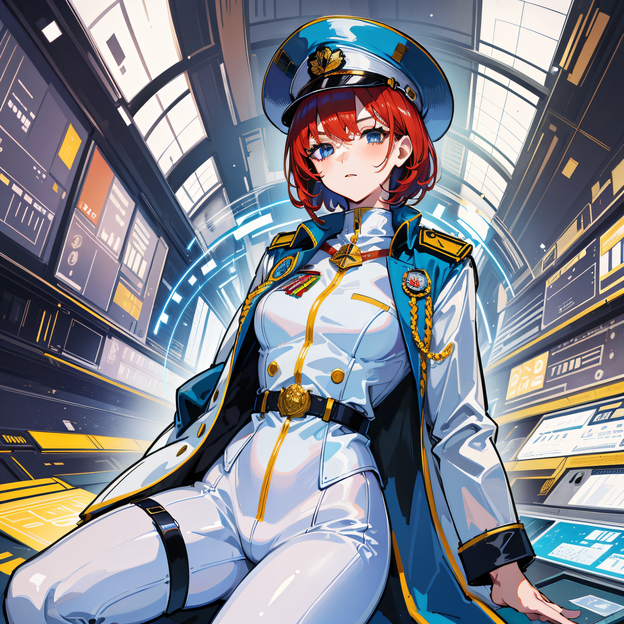 ((Masterpiece)), ((highest image quality)), ((highest image quality)), (illustration of one girl), full body, short red hair, (thin hair hanging down both sides of the face), blue eyes, ((tall)), ((muscular strong body)), (manspreading)), open legs, (military uniform)), ((army hat)), ((army coat)), (white clothes), (white pants), (white hat), Trench coat, ((inside the spaceship)), (outside the window, space, Earth seen from space)