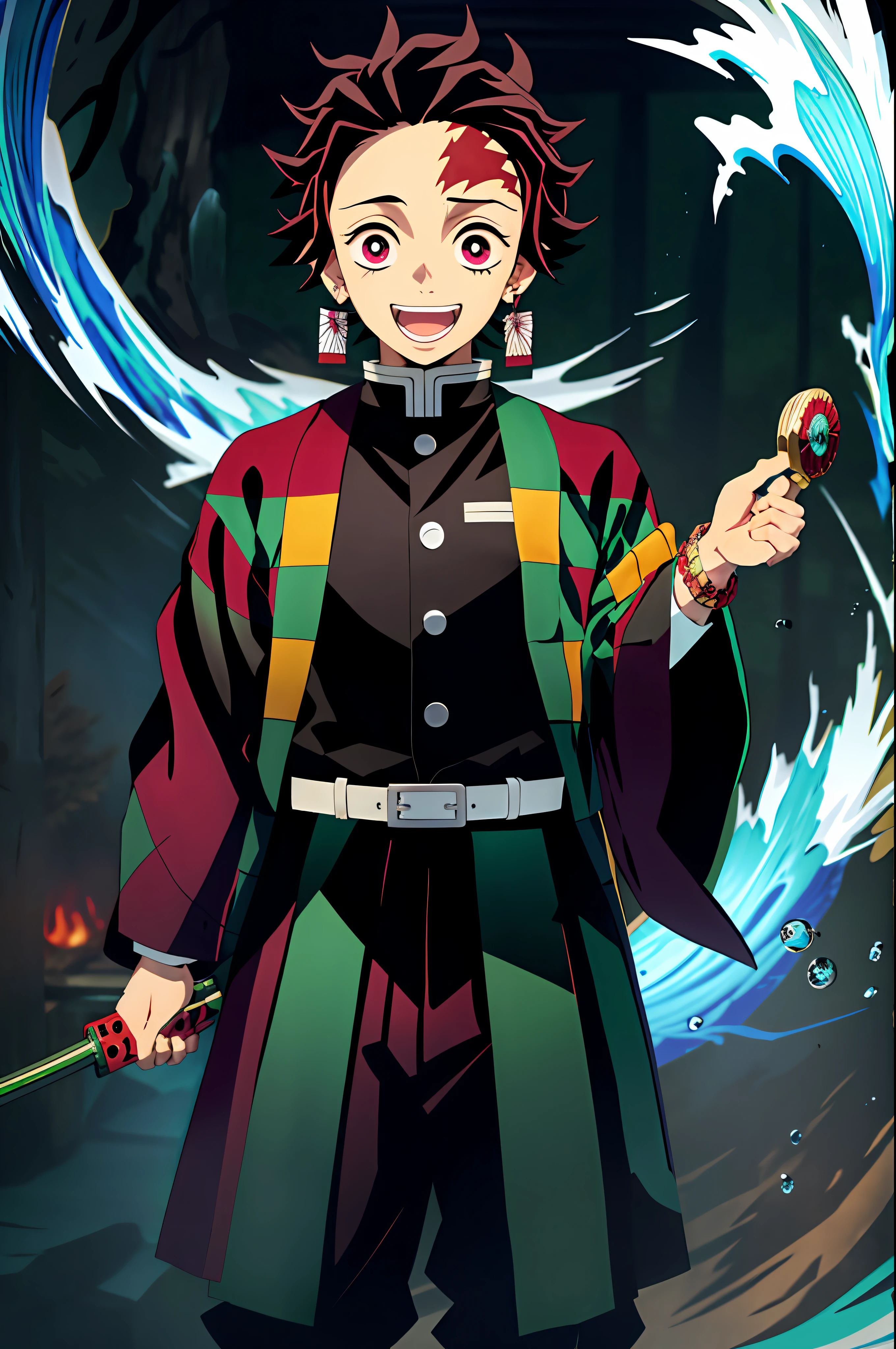 Kimetsu no yaiba style, Kamado tanjiro, demon slayer uniform, 1boy, male focus, scar on face, weapon, scar, earrings, teeth, jewelry, pants, scar on forehead, brown hair, belt, black pants, japanese clothes, haori, green haori, solo, red eyes, long sleeves, anime coloring, (((masterpiece)), happy face, water