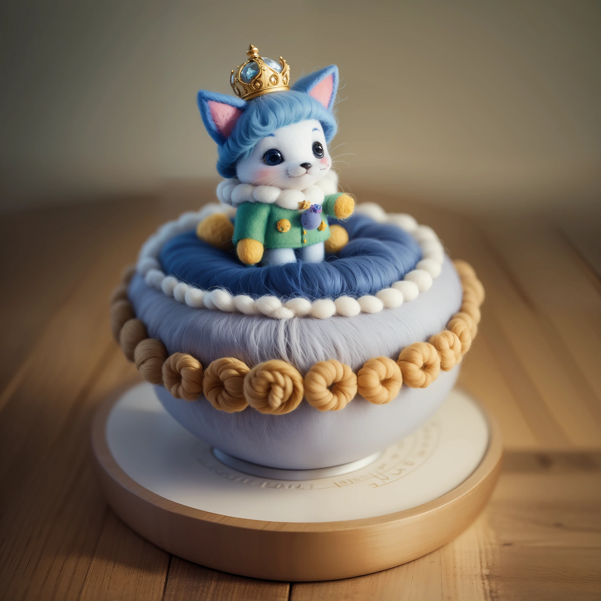 wool felted, with a cute The Little Prince on top, Animal style by Disney, clean background, tilt-shift, Needle felt, felted artwork, super cute, 3d rendering --ar 3:4 --v 5 --q 2 --auto --s2