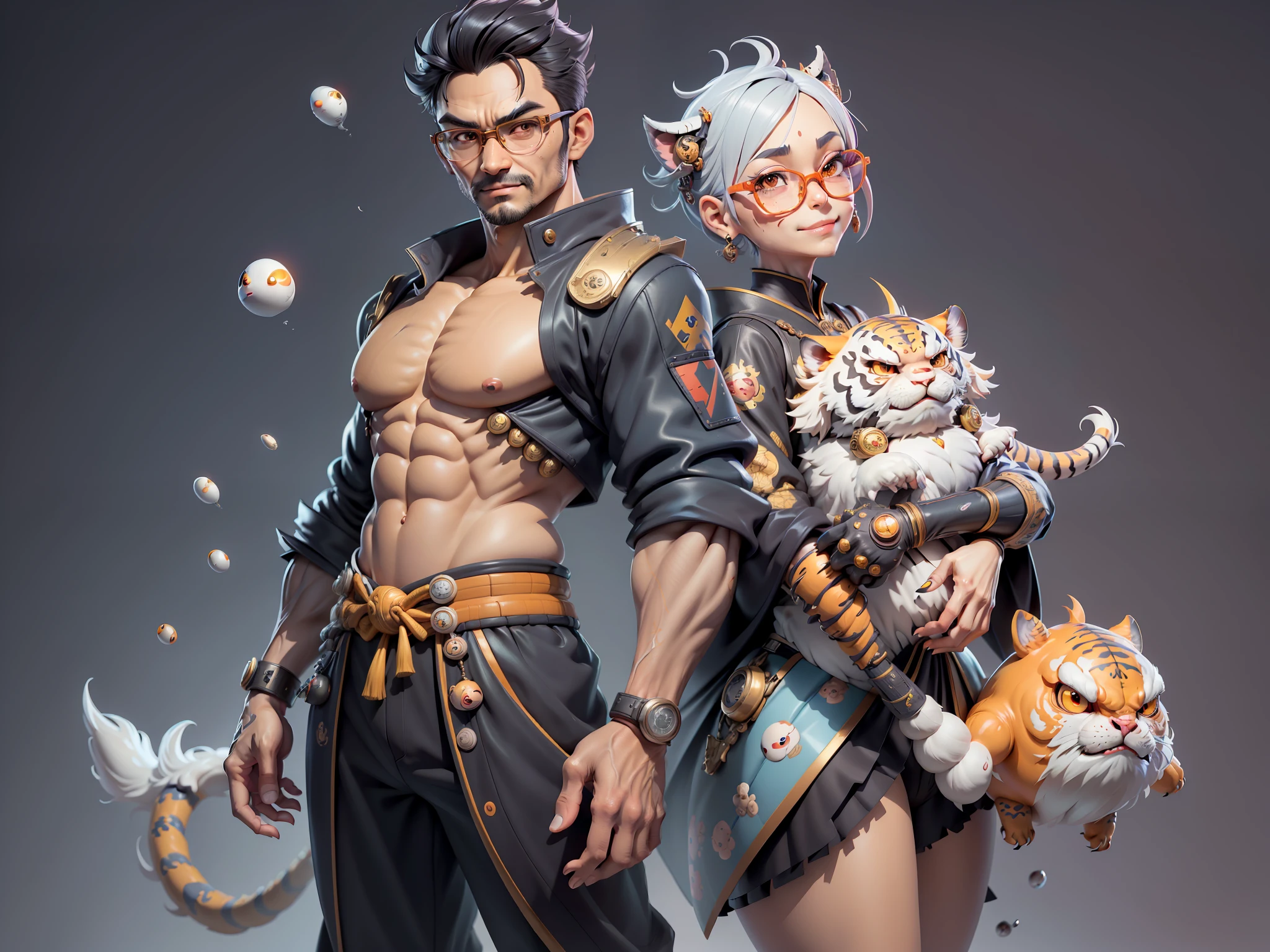 (Masterpiece), (Excellent), (Super Meticulous), (Full Body: 1.2), Super Young Man with Japanese Female Geisha, Pretty, Beautiful, Chinese Dragon, Tiger, Wind God Thor, Sexy, Bursting, Oriental Face, TV Anchor, Bust Portrait Illustration, Black Suit, Blue Tie, Slightly Chubby Face, Silver Glasses, Very Clean Face, No Beard on Chin, Black Super Short Hair, Black Eyes, Confident Smile, 3c Computer Sub-Products, iPad, iPhone, Digital Painting, 3D character design by Mark Clairedon and Pixar and Hayao Miyazaki and Akira Toriyama, the illustrations are HD illustrations in 4K resolution with highly detailed facial features and cartoon-style visuals.