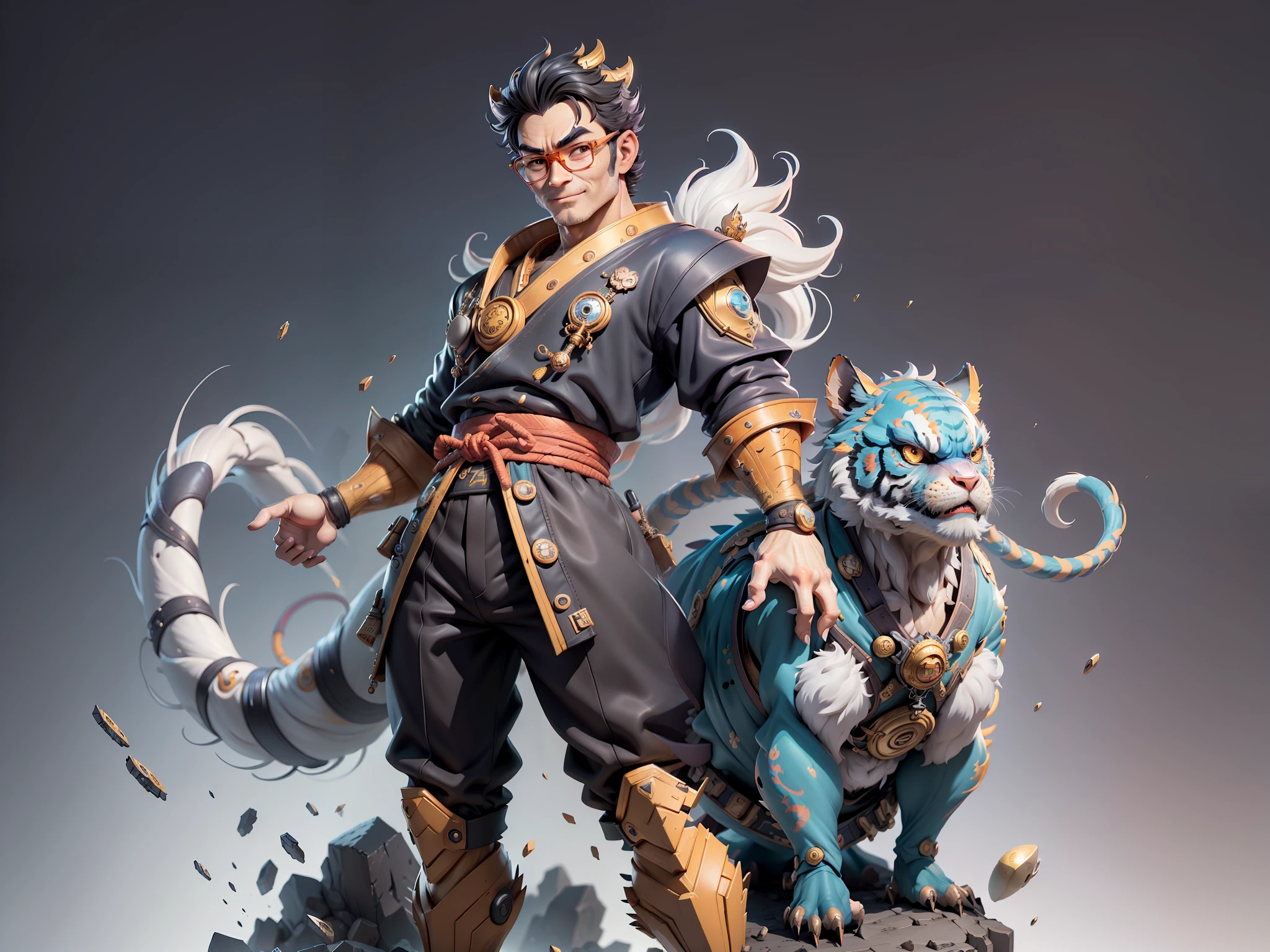 (Masterpiece), (Excellent), (Super Meticulous), (Full Body: 1.2), Super Young Man with Japanese Female Geisha, Pretty, Beautiful, Chinese Dragon, Tiger, Wind God Thor, Sexy, Bursting, Oriental Face, TV Anchor, Bust Portrait Illustration, Black Suit, Blue Tie, Slightly Chubby Face, Silver Glasses, Very Clean Face, No Beard on Chin, Black Super Short Hair, Black Eyes, Confident Smile, 3c Computer Sub-Products, iPad, iPhone, Digital Painting, 3D character design by Mark Clairedon and Pixar and Hayao Miyazaki and Akira Toriyama, the illustrations are HD illustrations in 4K resolution with highly detailed facial features and cartoon-style visuals.