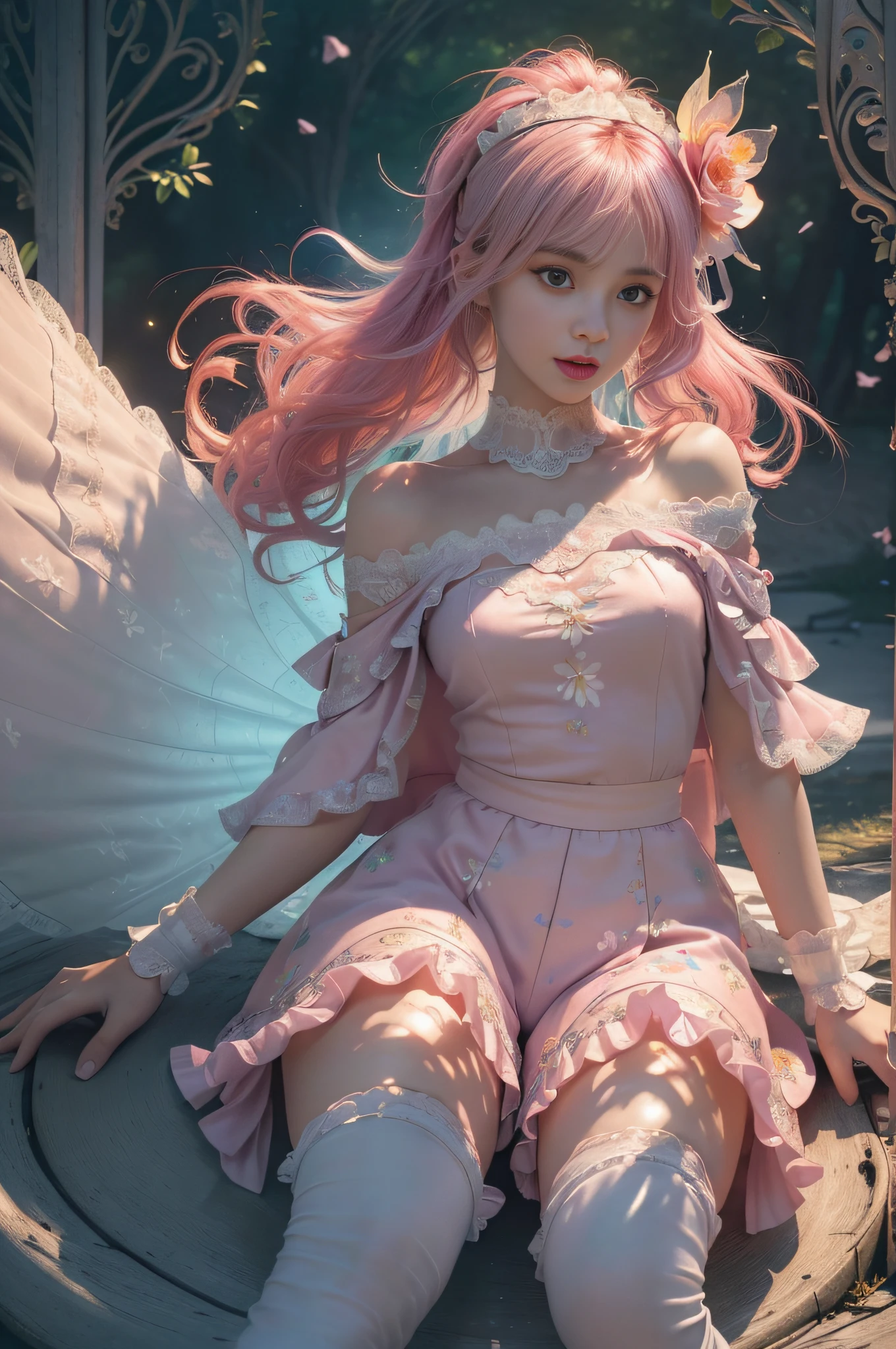 [Detailed illustrations, art based on extremely ideal anatomy, very detailed and detailed drawings, slow and delicate lines, realistic texture expression],(((Color tressed lines)),(Artwork with outstanding craftsmanship),(Park background),[HENTAI anime Girl Japanese Pretty  Skinny] Light pink hair ((Magical Girl)),((桜花) Floral headband) Low-rise shorts (Short cape (Off-shoulder: 0.5)) (Lace ruffled ribbon) (Lace ruffled ribbon) (Labed boots: 0.4),((Silk fabric:0.4))),Transparency (Soft ambient light: 0.6) Gravure,((Fine and beautiful skin expression (transparency))),(Perfect and beautiful face,Realistic face details),(Perfect eyes (Realistic pupil details ( Beautiful iris drawn in detail) (sharp pupils))),(Perfectly proportioned proportions)),(Design built to a high level,((Advanced structural understanding)),Ideal color coordination),((Complex decoration (Ultra-dense detail))),(Detail,High definition),[Ultra-precision detail,HighQuality,High Resolution,(Multilayer texture))],(( Accurate simulation of the interaction between light and material, understanding of air flow, mechanically correct expression))), ((visual art with a sense of narrative)).