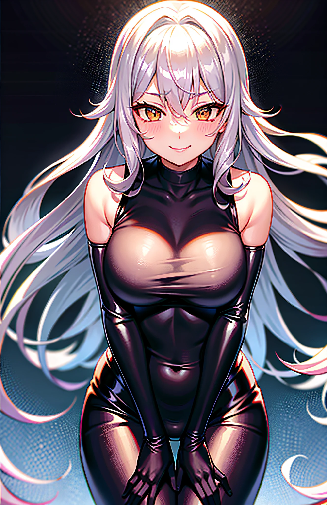 Silver long hair, F cup, black bodysuit, (blush: 1.2), (erotic pose: 1.4), smile, cowboy shot