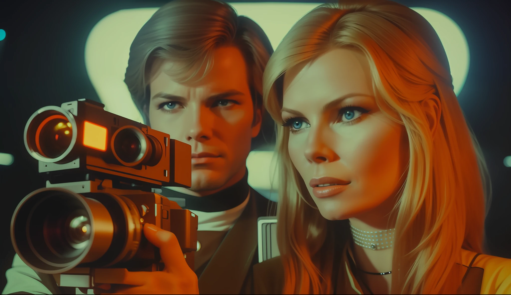 a woman (Kim Basinger) holding a camera next to a man, a colorized photo by Robert Peak, cgsociety, retrofuturism, ilya kuvshinov, 1970s, reimagined by industrial light and magic