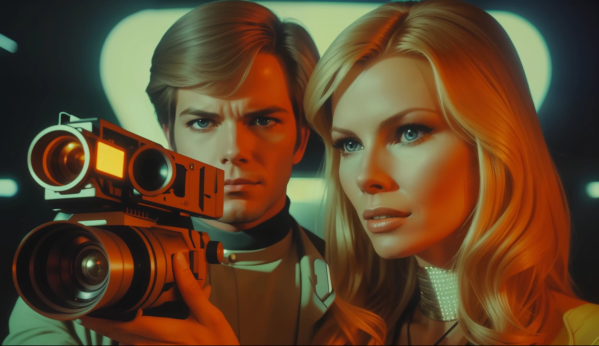 a woman (Kim Basinger) holding a camera next to a man, a colorized photo by Robert Peak, cgsociety, retrofuturism, ilya kuvshinov, 1970s, reimagined by industrial light and magic