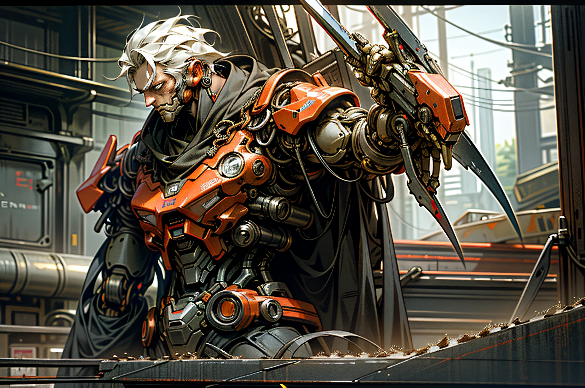 Dark_Fantasy,Cyberpunk,(chain saw,chain saw man,Red:1.1),1man,Mechanical marvel,Robotic presence,Cybernetic guardian, wearing a worn-out mech suit, intricate, (steel metal [rusty]), elegant, clear focus, shot by greg rutkowski, soft lighting, vibrant colors, masterpiece, ((street)), cowboy shot, dynamic pose,