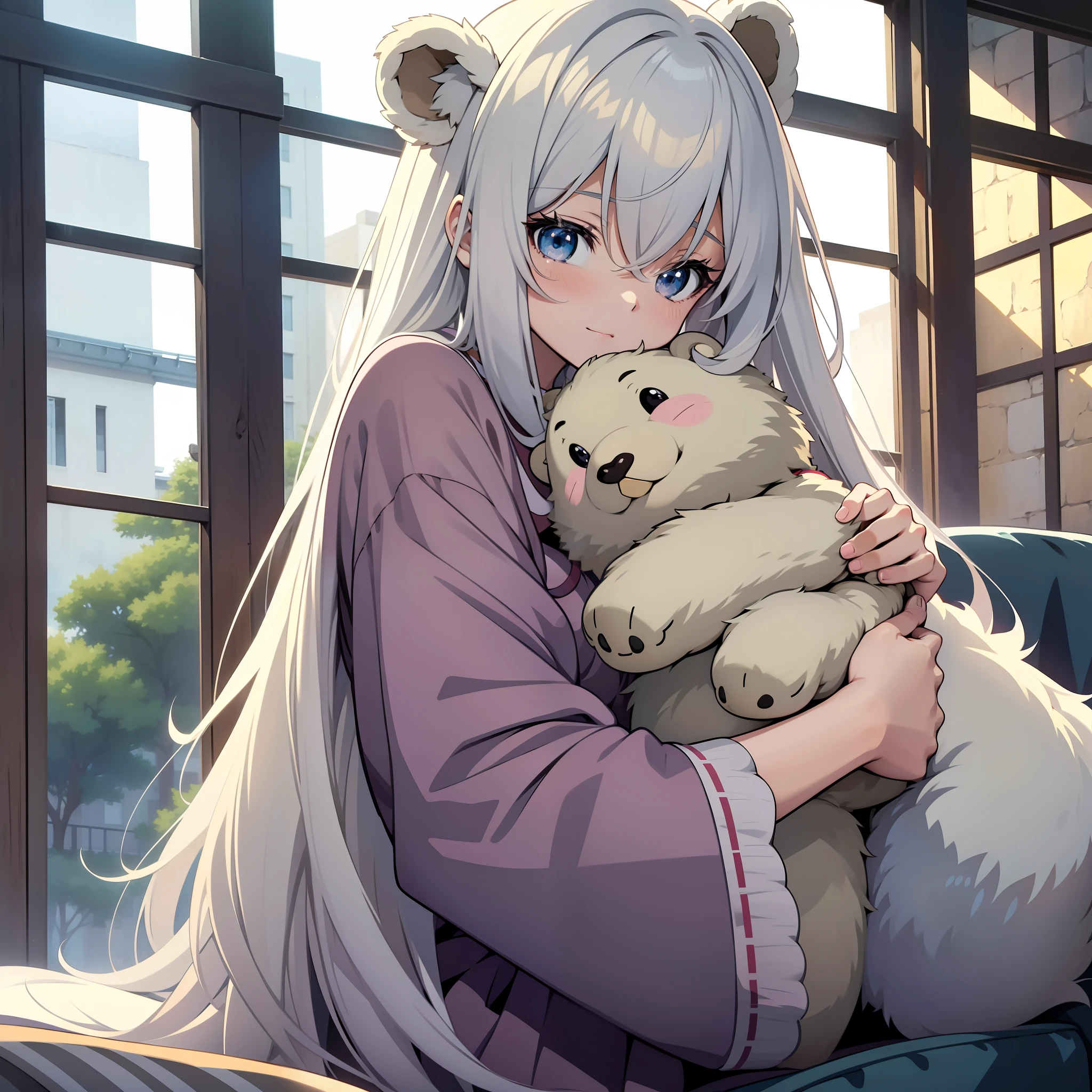 Anime girl sitting on sofa holding bear in her arms, a cute anime girl, anime vision of cute girl, little curve loli, (anime girl), cute kawaii girl, young anime girl, cute anime girl portrait, anime girl, anime lover, pretty anime girl, cute anime style