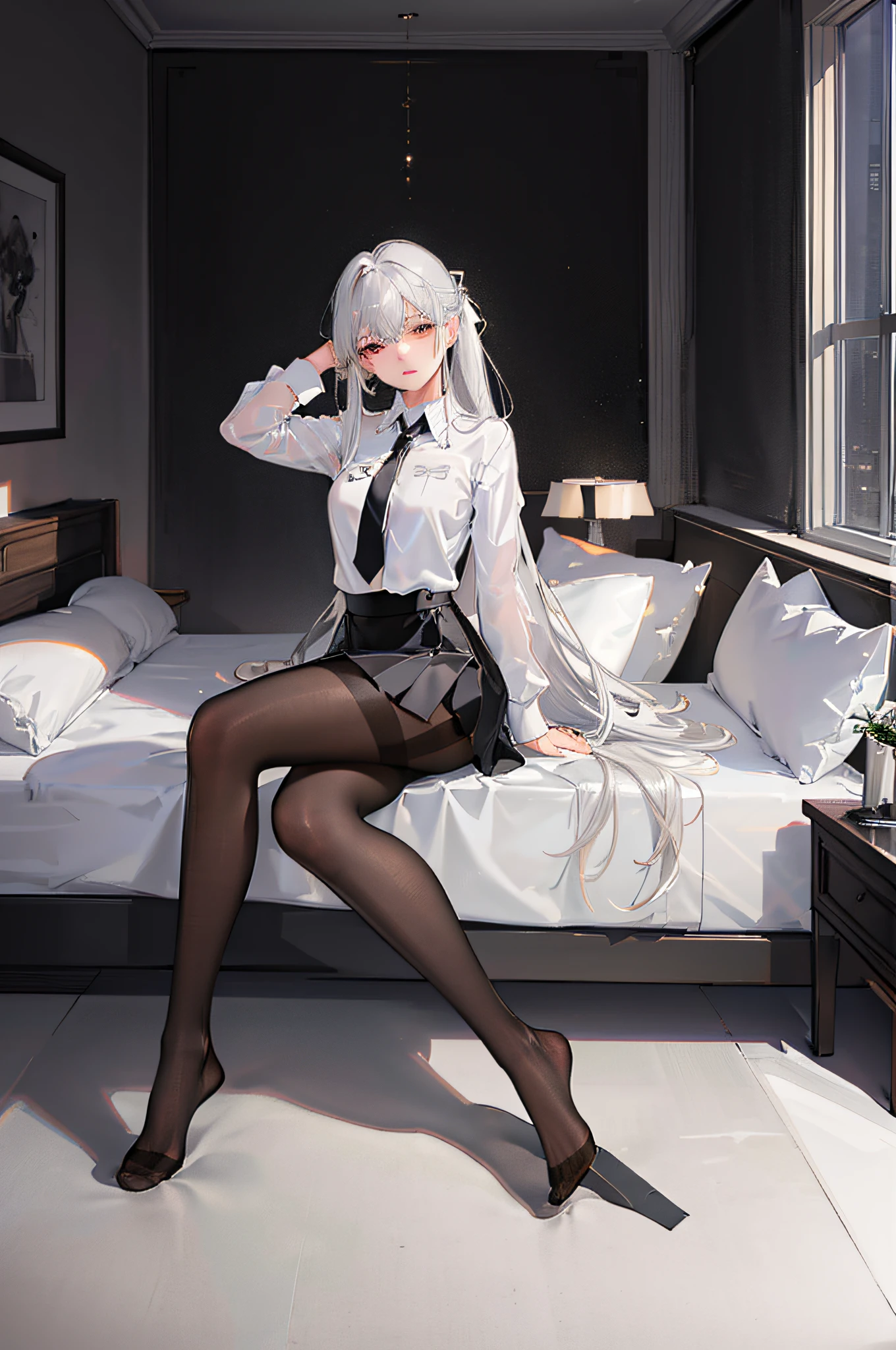 (((1 girl)),ray tracing,(dim lighting),[detailed background (bedroom)),((silver hair)),((silver hair)),(Fluffy silver hair, plump and slender girl))) with high ponytail))) Avoid golden eyes in the ominous bedroom ((((Girl wears a white shirt, black wrinkled skirt with black transparent pantyhose), showing a delicate slim figure and graceful curves, correct limbs, sitting on the bed with hands behind her head, Put both hands behind your head