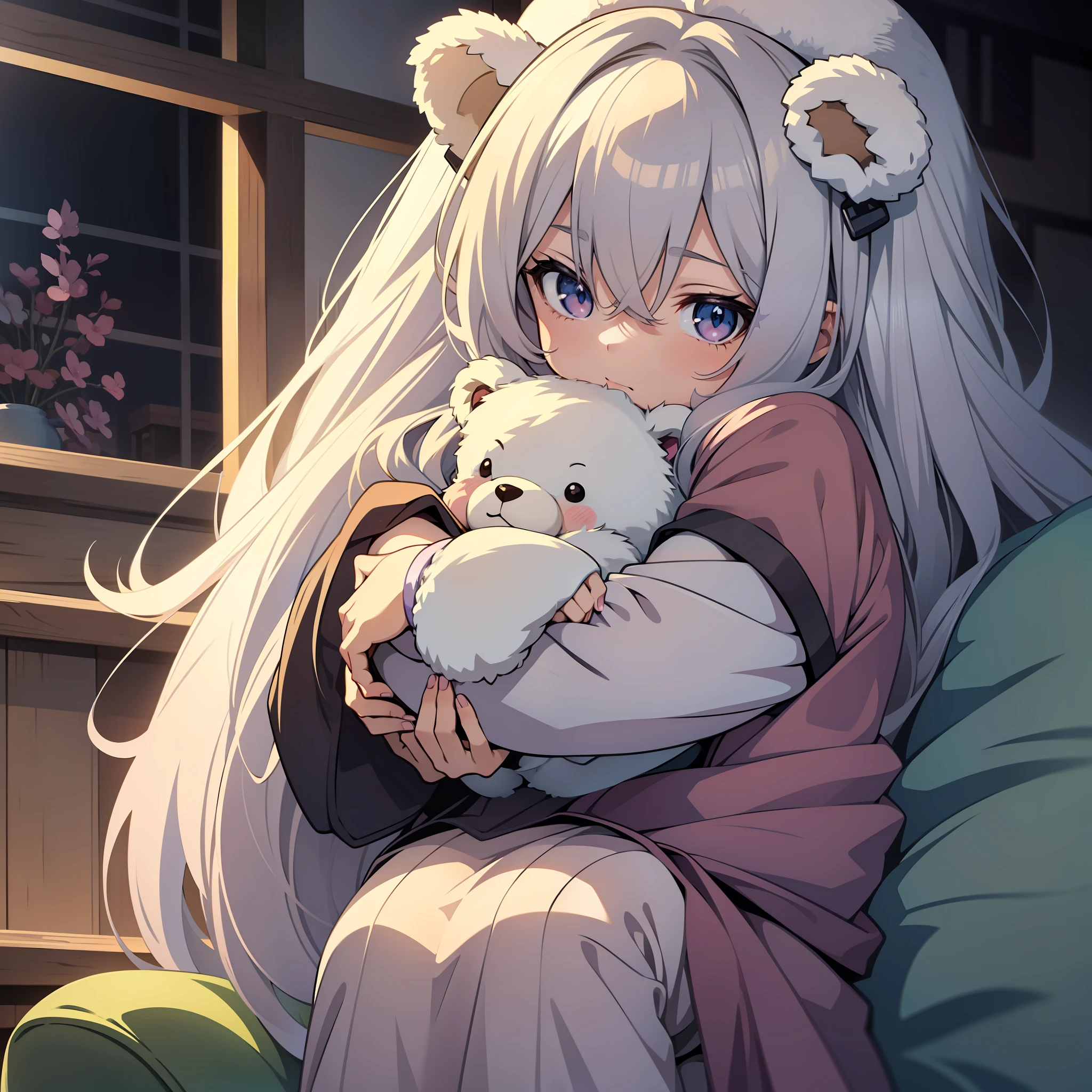 Anime girl sitting on sofa holding bear in her arms, a cute anime girl, anime vision of cute girl, little curve loli, (anime girl), cute kawaii girl, young anime girl, cute anime girl portrait, anime girl, anime lover, pretty anime girl, cute anime style