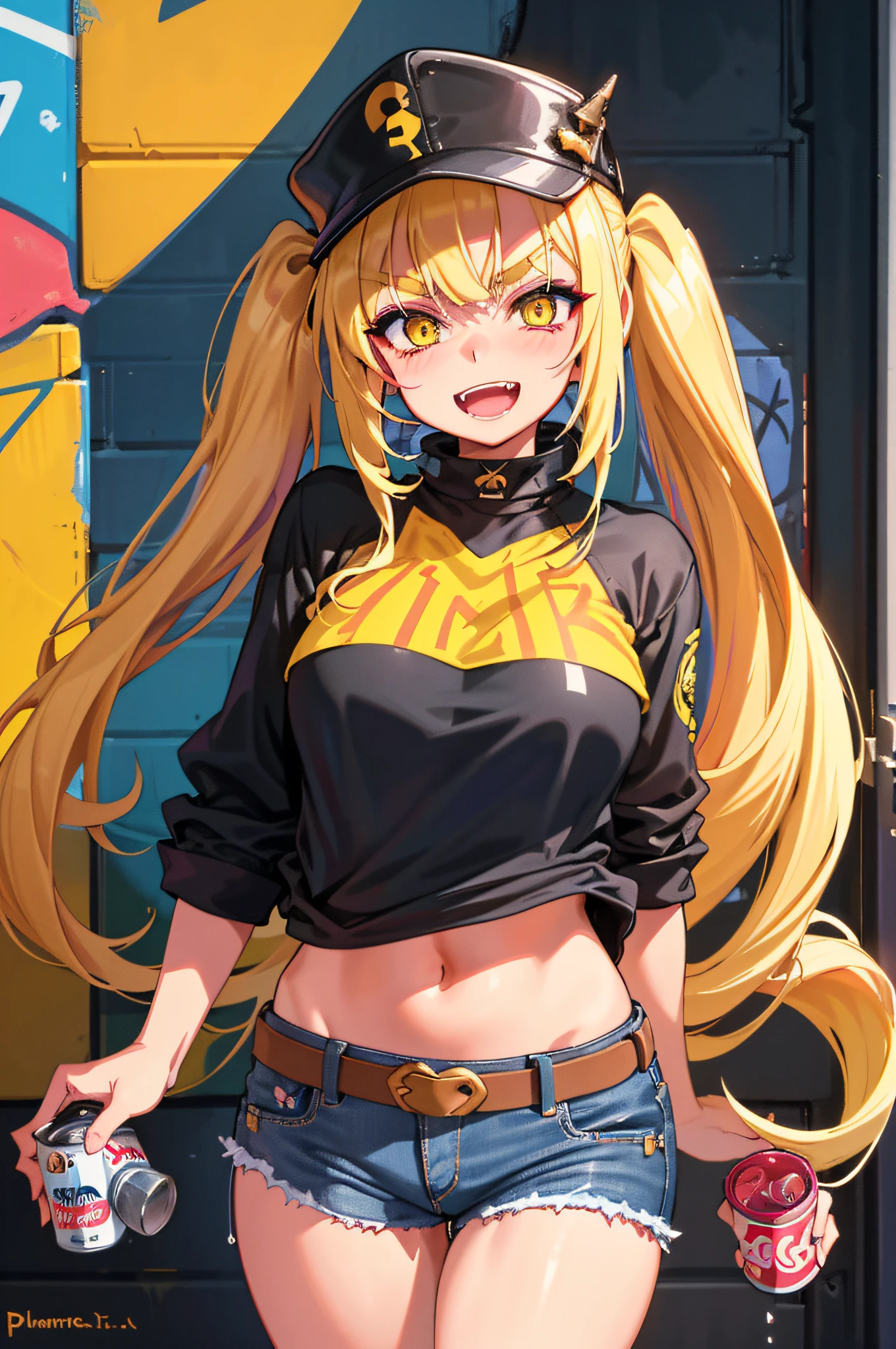Original Character, Volumetric Lighting, Best Shadows, Shallow Depth of Field, Portrait Of Stunningly Beautiful Girl, Petite, Delicate Beautiful Attractive Face With Alluring Yellow Eyes, Messy Painted Face, Sharp Eyebrows, Broadly Smiling, Open Mouth, Fangs Out, Lovely Medium Breasts, Layered Long Twintail Blond Hair, Blush Eyeshadow, Thick Eyelashes, Applejack Hat, Oversized Pop Jacket, Mini Underboob Tee, Open Navel, Slim Waist, Denim Jeans Pants, With Buckle Belt, In The Graffiti Alley, Waste Container, Outside Stairs, Outdoor Unit, Holding Spray Paint Can, Standing, (Highest Quality, Amazing Details:1.25), (Solo:1.3), Brilliant Colorful Paintings