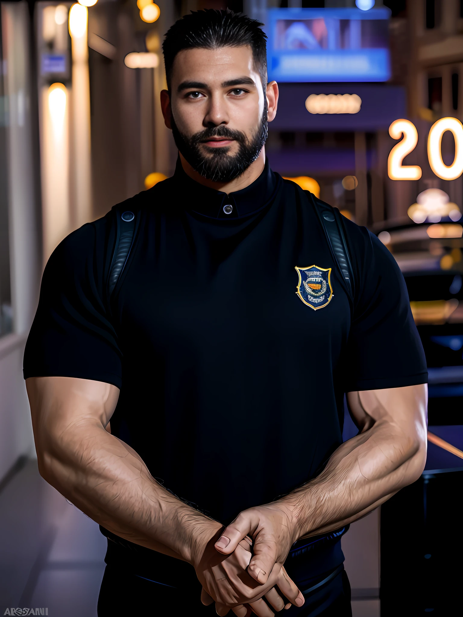 arafed man with a beard and a black shirt standing in a building, outfit: cop, police officer, security agent, officer, shot on canon eos r5, shot on canon eos r 5, wearing a police uniform, in black uniform, shot on sony a 7 iii, shot on nikon z9, maxim shirkov, ernest khalimov body