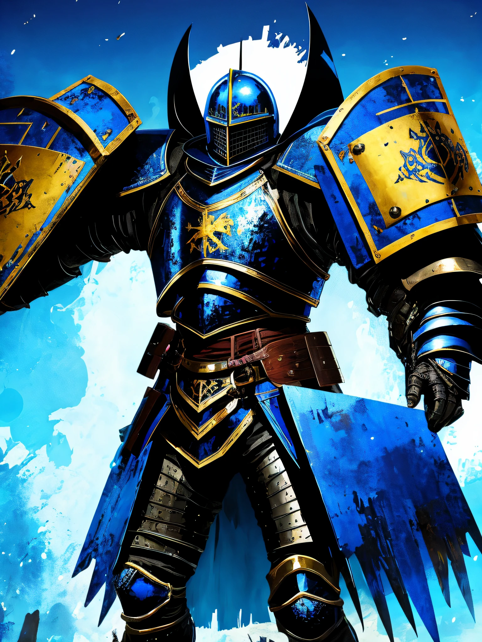 blue and black, a medieval black knight with a full armor and a large shield, in the style of Mork Borg, strong contrast, grunge dirty punk splash art, zine black metal