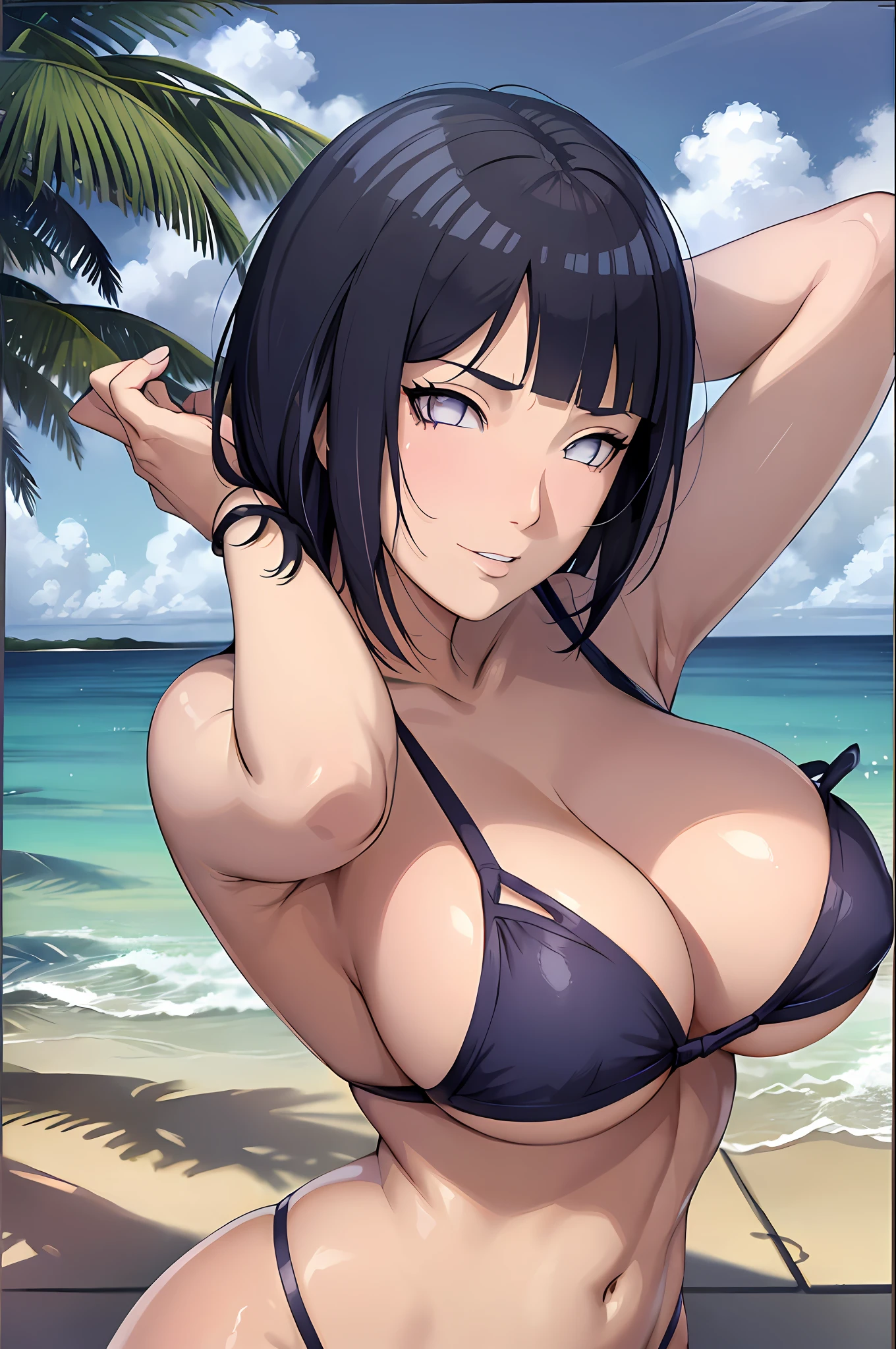 (masterpiece, anime style:1.9, 2k, harsh sunny day, bare shoulders, skin, fidelity:1.4 solo, solid colors and shadows, very hot colors, sunbathing, very happy, stretching, beach, sea, correct finger anatomy, no shirt, white micro bikini, pelvis), hinata\(boruto\), mature female, milf, (curvy:0.8), solo, (short hair, hime cut), (dark blue hair color:1.1), white, big breasts, flat belly, perfect eyes, anime eyes, smoky eyeliner, eyeshadow, perfect face, sharp focus, professional artwork, intricate details, colorful, vibrant colors, vivid colors, digital blending, ultra detailed body, ultra detail hair, ultra detail face, trending on pixiv