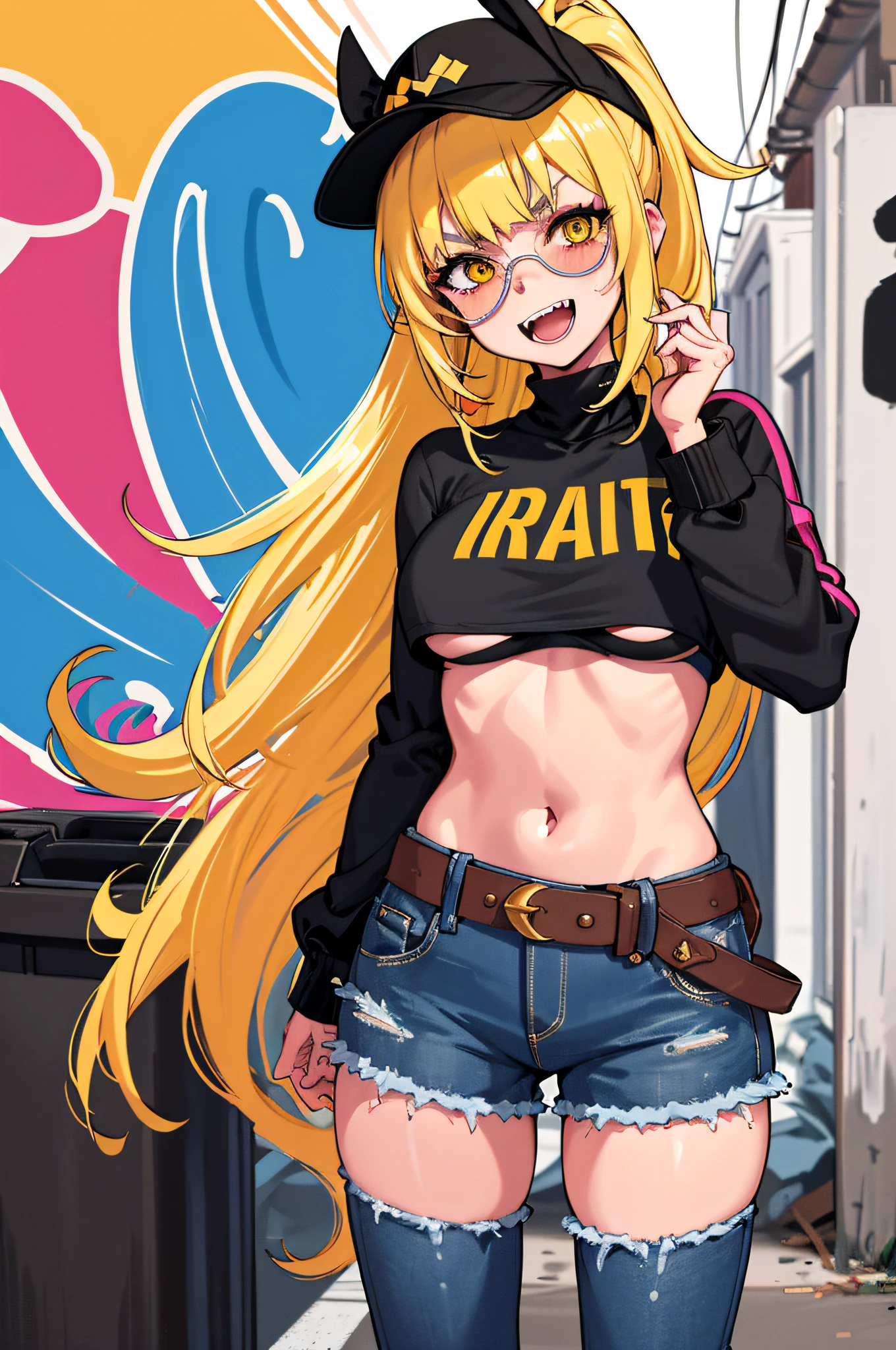 Original character, with sunglasses, volumetric lighting, best shadow, shallow depth of field, stunning girl portrait, petite, delicately beautiful and charming face, charming yellow eyes, messy painted face, sharp eyebrows, bright smile, open mouth, fangs exposed, cute medium breasts, layered long ponytail blonde hair, blush eye shadow, thick eyelashes, applejack hat, oversized pop jacket, mini underboob tee, crop top, crop top, slim waist, denim jeans, With buckled belt, In The Graffiti Alley, trash can, outside the stairs, outdoor unit, holding spray paint can, standing, (highest quality, amazing detail: 1.25), (solo: 1.3), brilliant and colorful painting