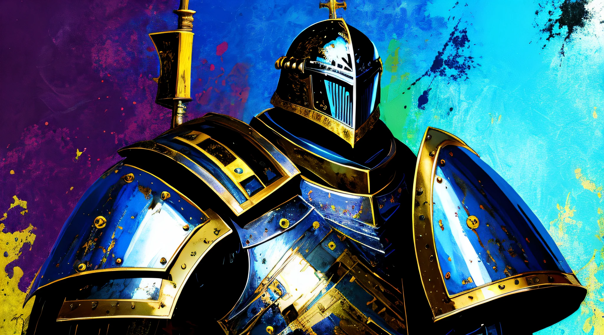 blue and black, a medieval black knight with a full armor and a large shield, in the style of Mork Borg, strong contrast, grunge dirty punk splash art, zine black metal