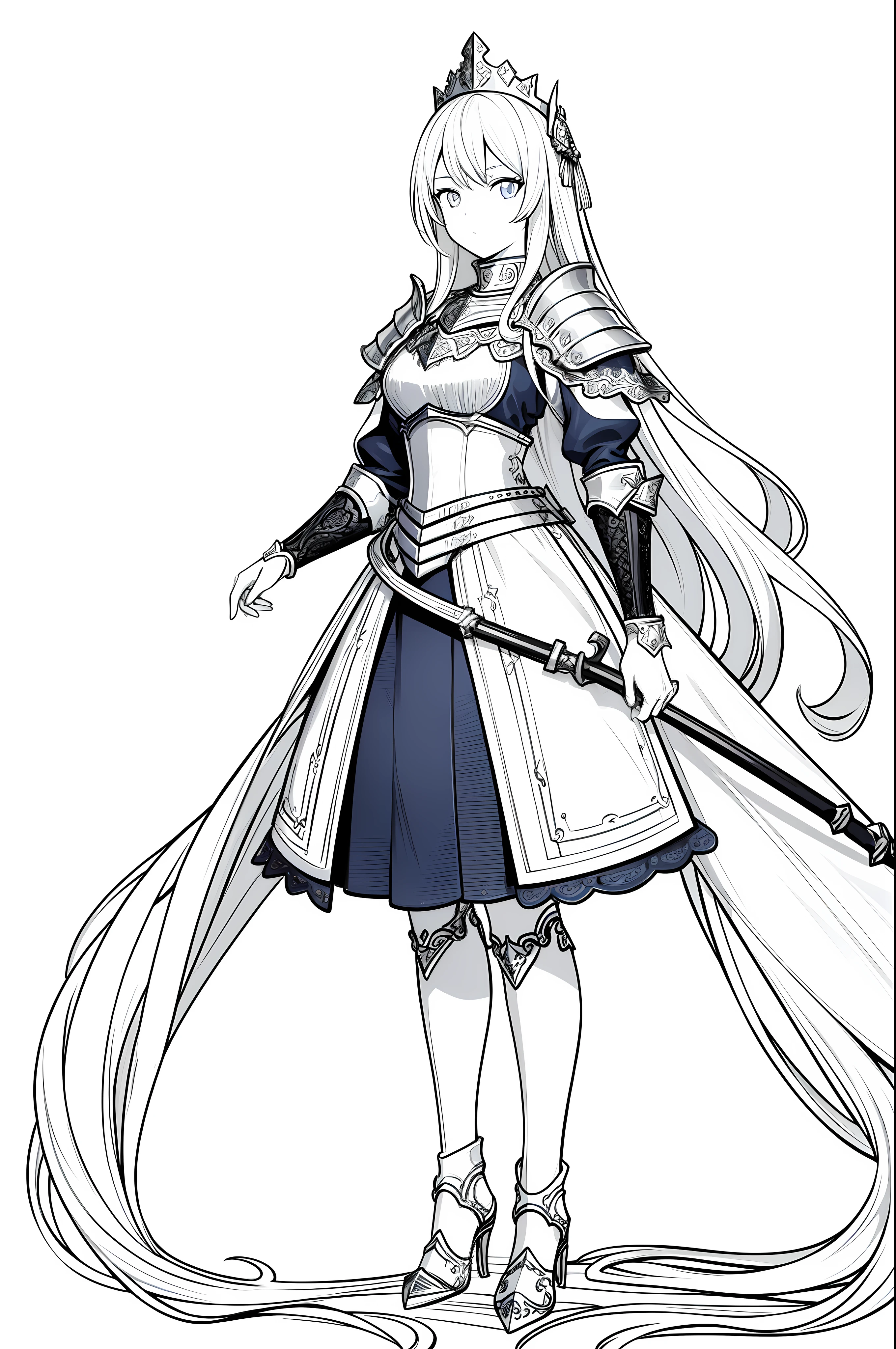 Masterpiece, best quality, (detailed background), high contrast, 1 girl, full body, denim shot, (white background: 1.5), clean line drawing, knight outfit