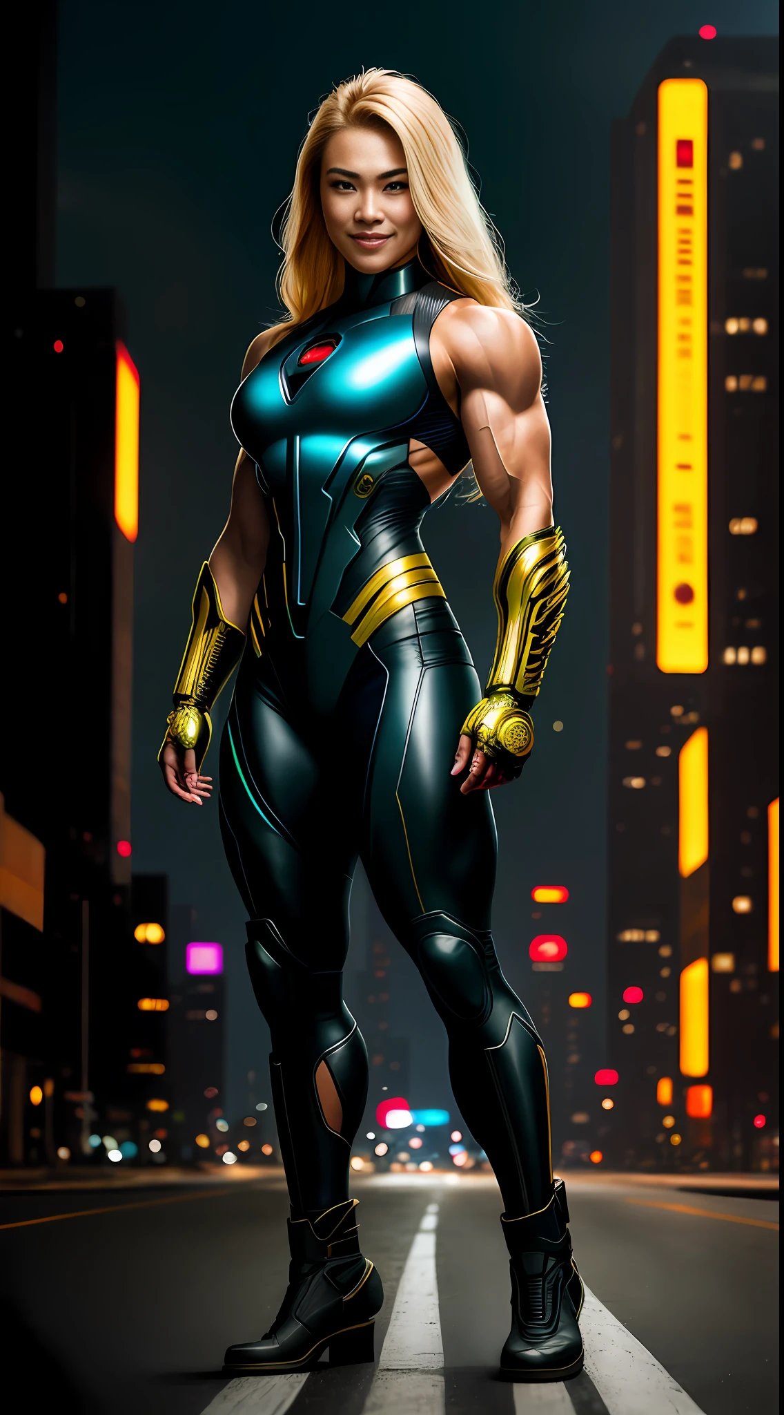 cyberpunk portrait photography, beautiful young thai woman with blonde hair, bodybuilder physique, looking off camera in glowing futuristic, smile, superhero outfit, smiling, super realistic face, eyes visible through hair, proper eye position, natural skin, soft light, rim light, hips, in road side, detailed background, intricate , highly detail, octane render, HD, 8k, by Annie Leibovitz,120mm