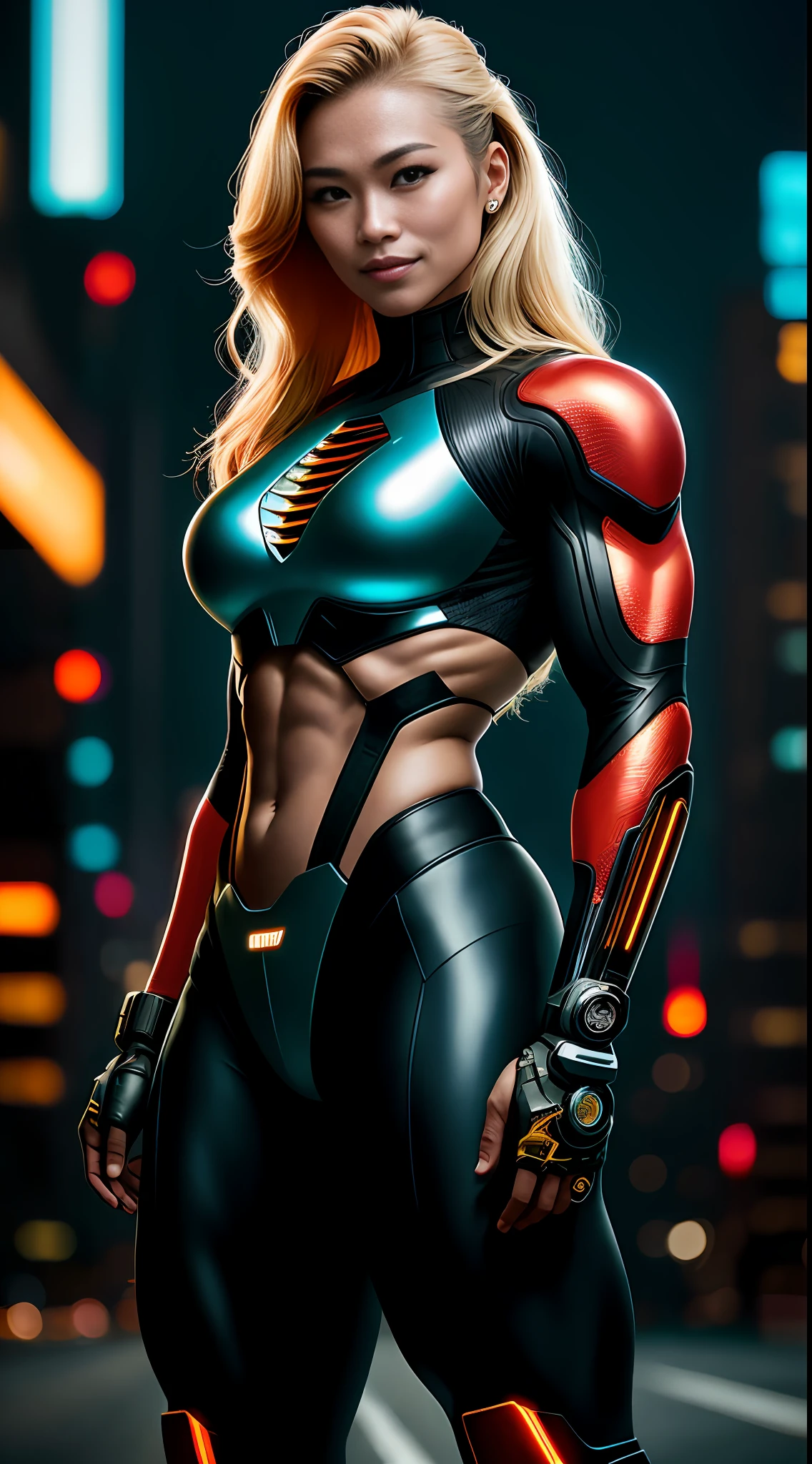 cyberpunk portrait photography, beautiful young thai woman with blonde hair, bodybuilder physique, looking off camera in glowing futuristic, smile, superhero outfit, smiling, super realistic face, eyes visible through hair, proper eye position, natural skin, soft light, rim light, hips, in road side, detailed background, intricate , highly detail, octane render, HD, 8k, by Annie Leibovitz,120mm