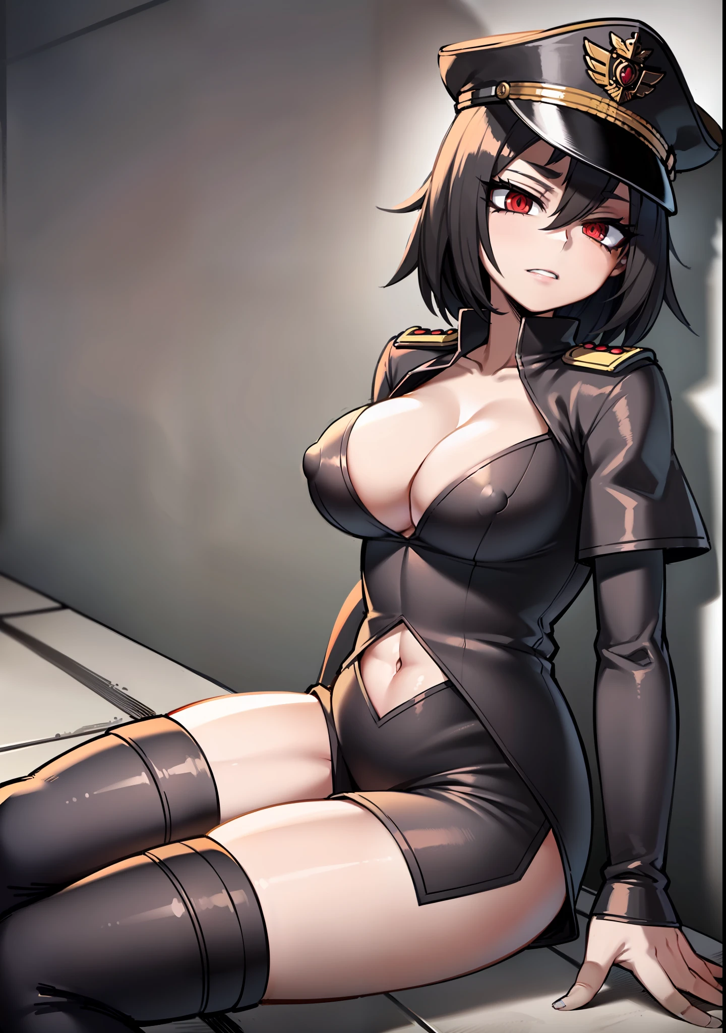 ((Masterpiece, top quality, super definition, high definition)), Solo, Full body, (21-year-old girl in black leather German uniform), wearing an army leather hat, (((Clear expression of body unevenness)), looking at the camera, thin white fabric skukumizu, (sitting with her back to the wall and bent knees), female body, nipple shape stands out, large breasts, scattered crotch, red eyes, bob black hair, front zoom, vertical seat, yandere, blank stare, deep shadows, SFV, dark, detailed hands