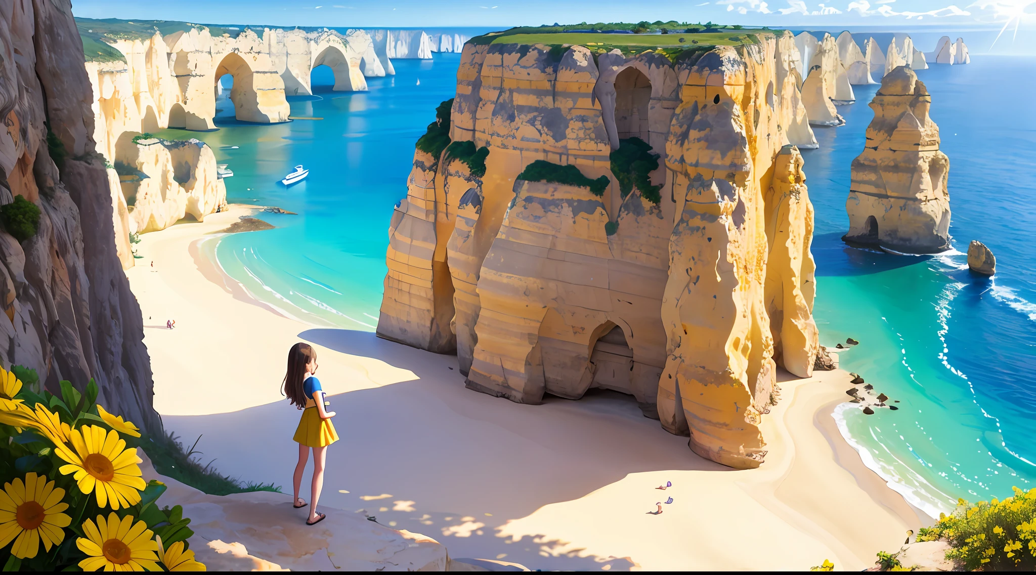 Algarve, yellow cliffs, medieval fortress, summer, sun, sea, beach, girl standing in the center --v6