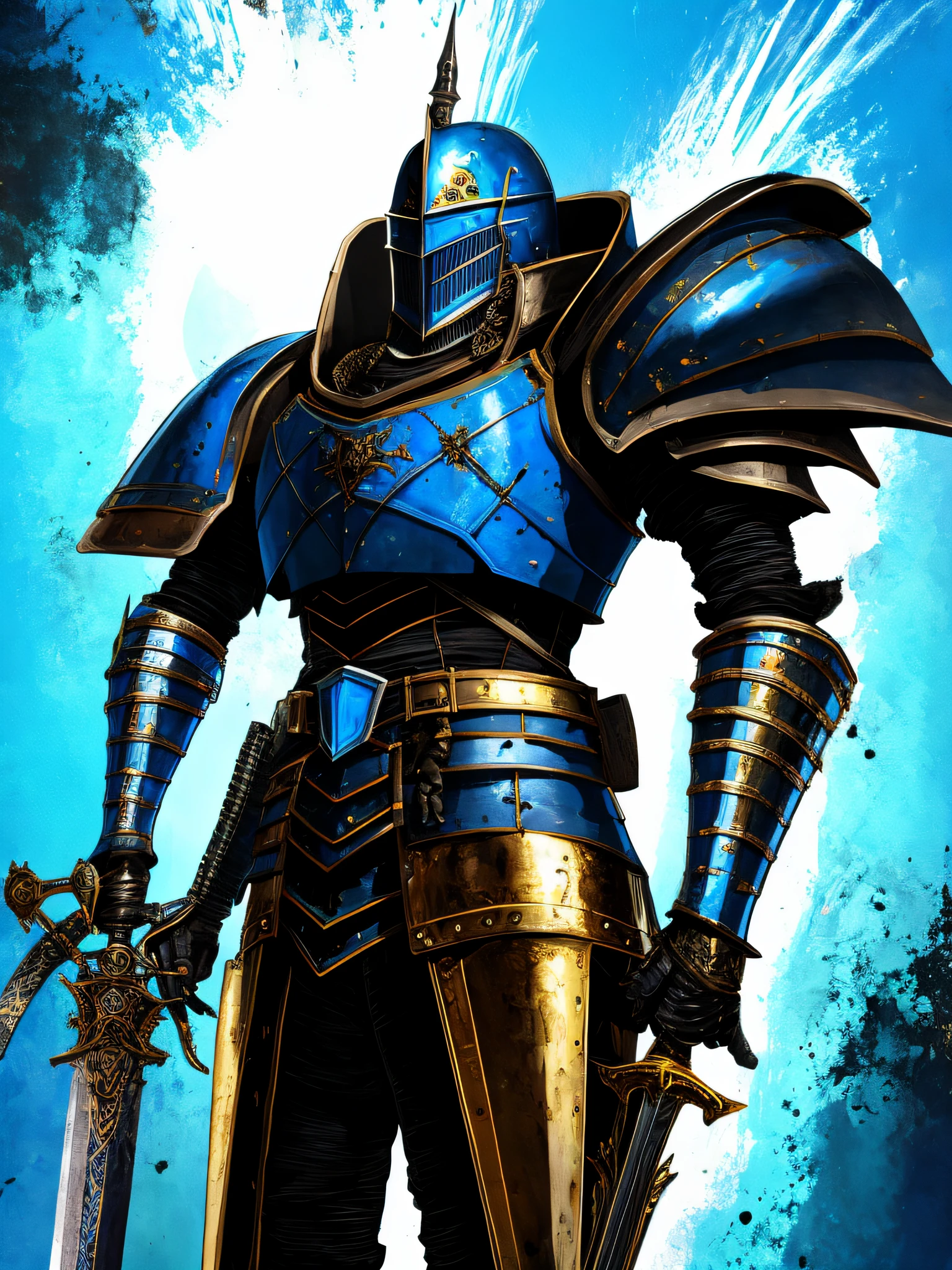 blue and black, a medieval black knight with a full armor and a large sword, in the style of Mork Borg, strong contrast, grunge dirty punk splash art, zine black metal