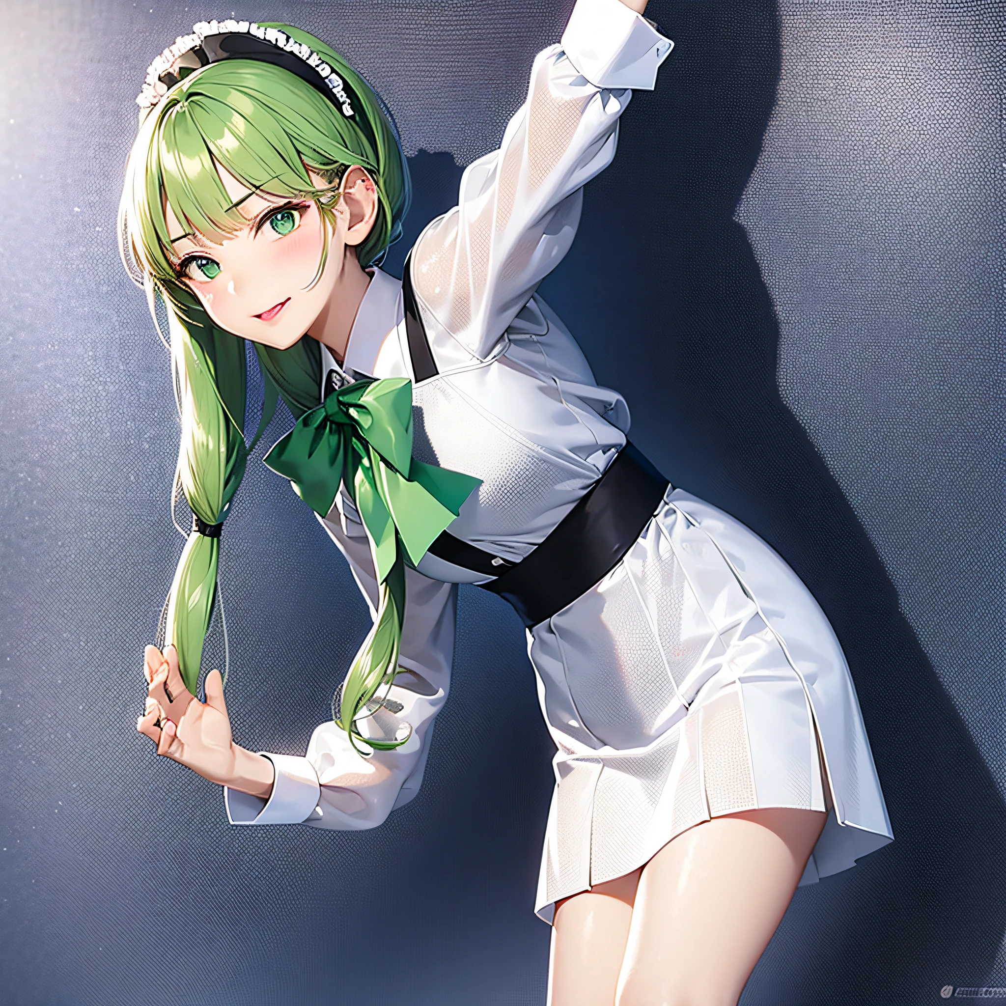 1 girl, solo, green eyes, green hair, bow, long hair, hair accessories, smile, white background, ponytail, long sleeves, bangs, open mouth, simple background, clover, look at the audience, bow tie, blush, arms up, dress, wrist cuffs, green bow, white dress, :d, very long hair, braids, skirt, fluffy sleeves, green bow tie, wide sleeves, feet out of the frame, fake animal ears, standing, shirt, hairpin, clover, white shirt, jacket, fluffy long sleeves, artist name, Black bow, masterpiece, best quality, highly detailed, hands and faces that conform to the normal human body, (no deformities), twisted or bad forms, best quality, highly detailed, background in clean gray, upper body, perspective, close-up and large head, each depicting a girl, [shoujo, Q anime, cute, same eye color, animal ears,], [silly smile, seductive smile, smile, teeth, excitement, red nose, blushing, pouting, sadness, crying, drunkenness, napping, expressionless, sighing, eyes open, anger, frown, serious, sad face, crazy, tongue, lazy personality, prominent tongue, natural pride, shut up, wrinkles, close one eye, lipstick, half closed eyes, pull down your eyelids, mischievous face, tolerant face, sharp teeth,]], [(skirt), sailor suit, jk, white socks, black socks, shirt, collar shirt, school uniform, stagnant water tank, business clothes, off-the-shoulder, hoodie, (apron), tank top, (lace), wavy dots, off-the-shoulder, light blush, face painting, cute], beautiful hands, perfect hands, clear finger structure, normal hand features