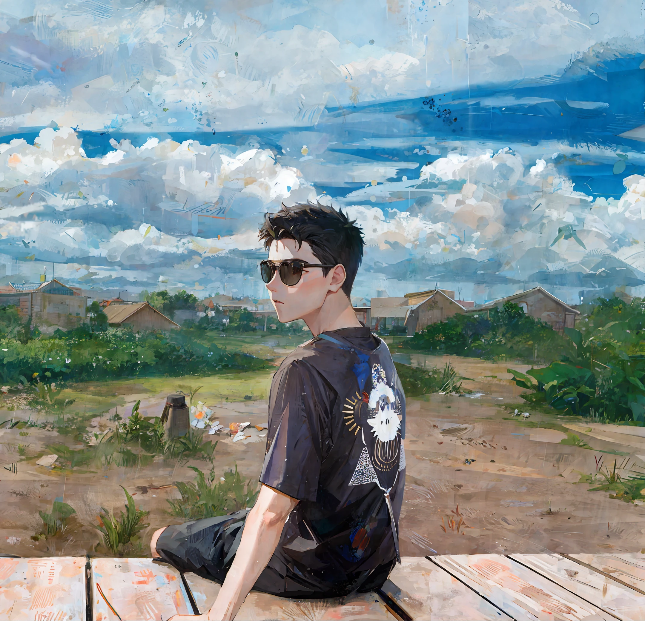 Painting a man named Liu Penghui, by the sea