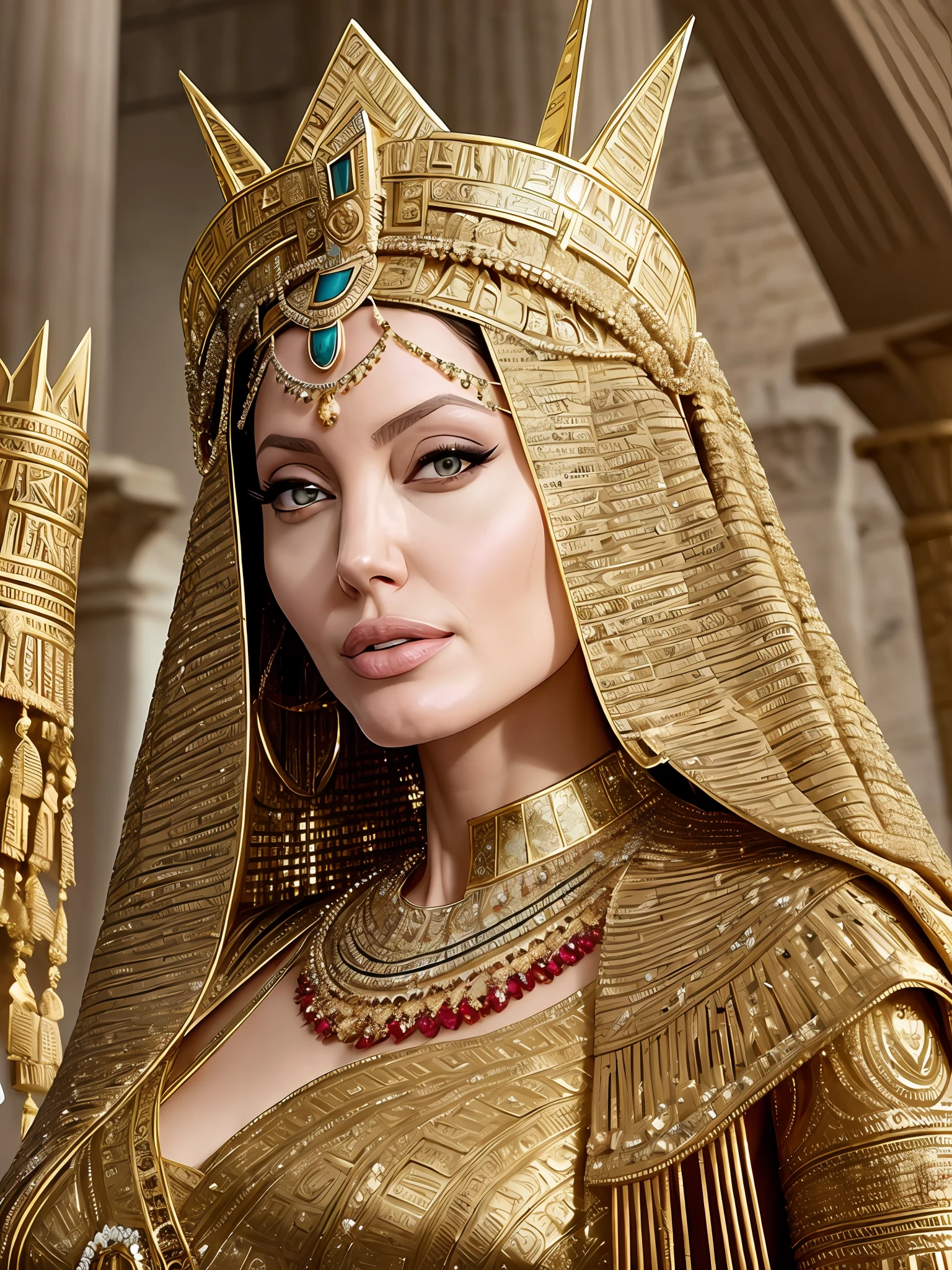Angelina Jolie: Amidst the grandeur of the Egyptian pyramids, Angelina Jolie stands tall in a regal Cleopatra-inspired gown. Adorned with shimmering jewels and an intricately designed headdress, she exudes an air of timeless beauty and power, embodying the iconic Egyptian queen.