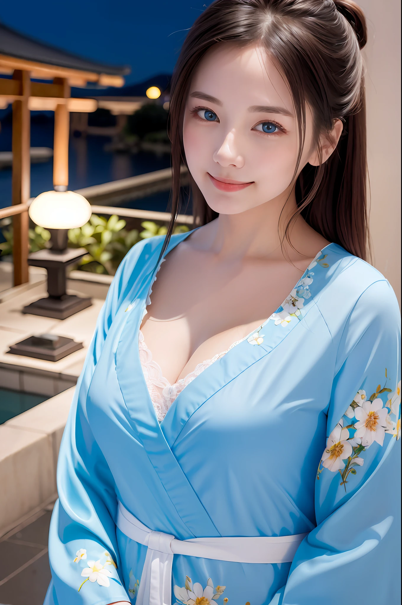 ((masterpiece, highest quality, super definition, high definition)), solo, beautiful sister of Japan, shining eyes, perfect eyes, blue theme, yukata, cleavage, yukata, night view,