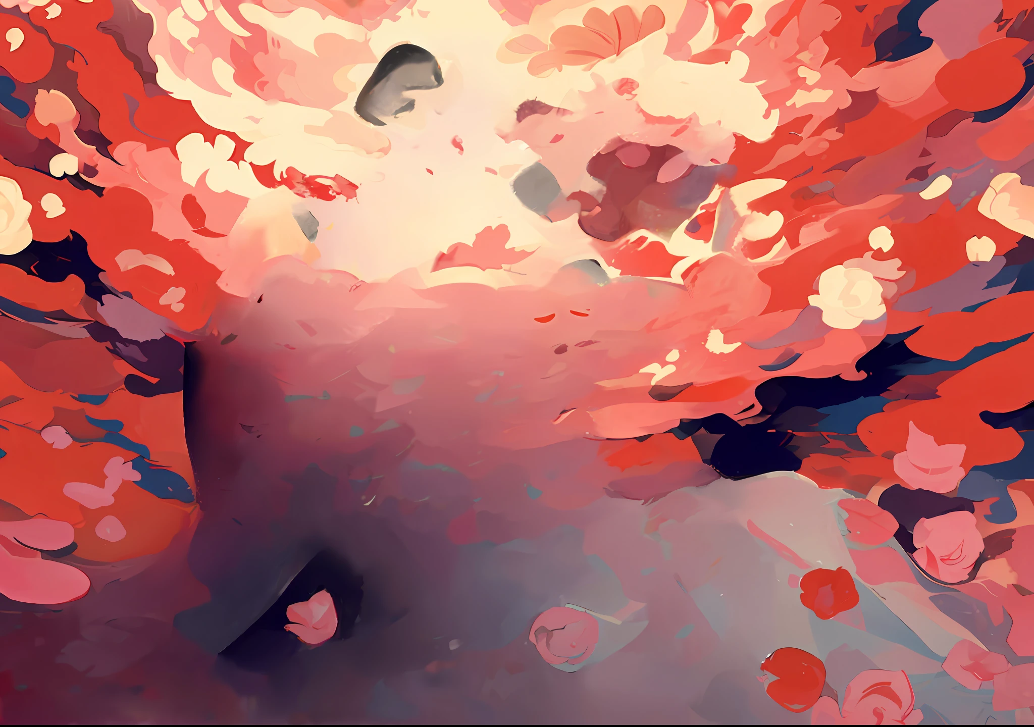 flowers, low detailed. digital painting, falling red petals, dreamlike digital painting, an expressive digital painting, vibrant digital painting, soft digital painting, falling petals, colorful digital painting, detailed digital painting, james jean soft light 4 k, james jean soft light 4k, inspired by James Jean