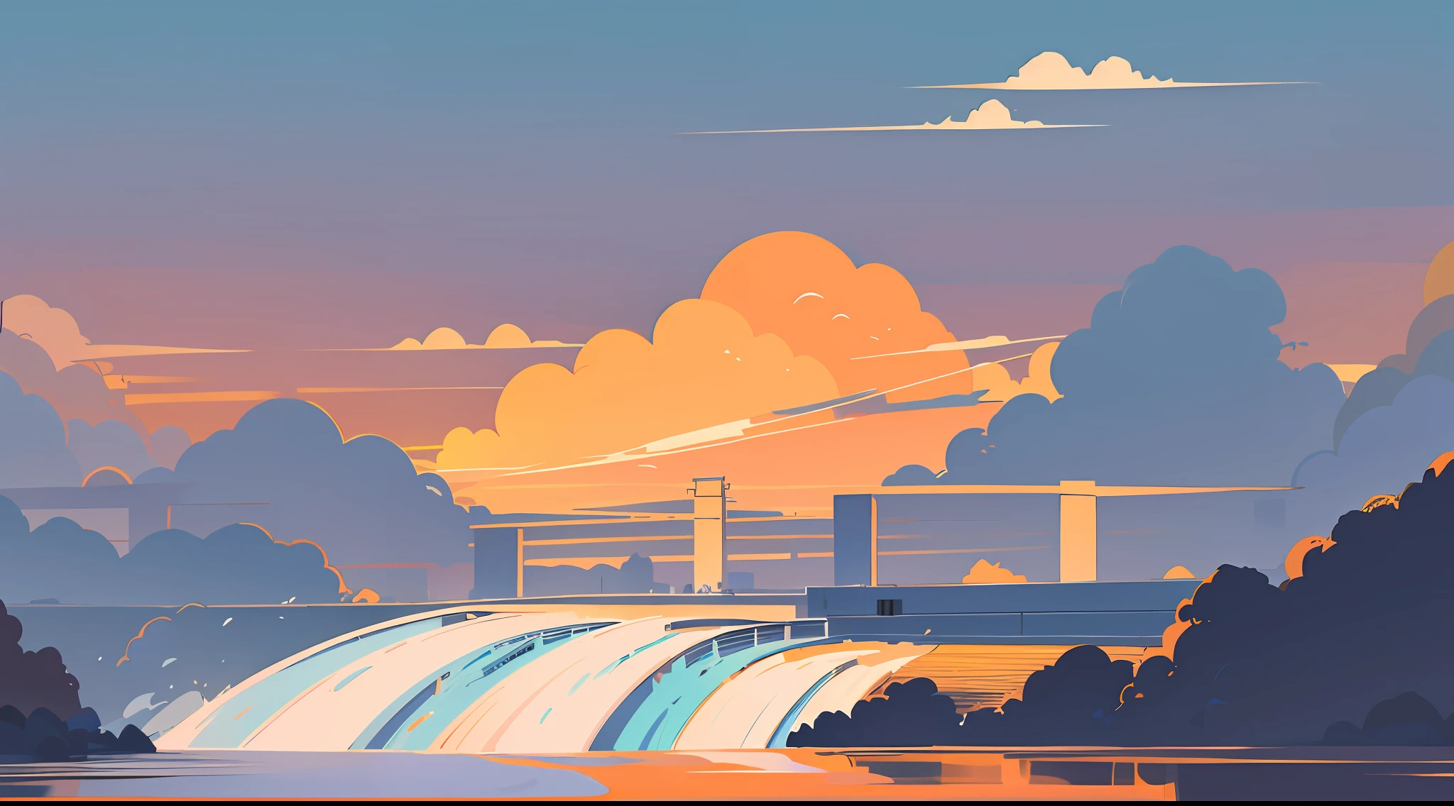The vista, the clouds, the dam, the raging current. Illustration style, simple vector art, warm colors, sunset